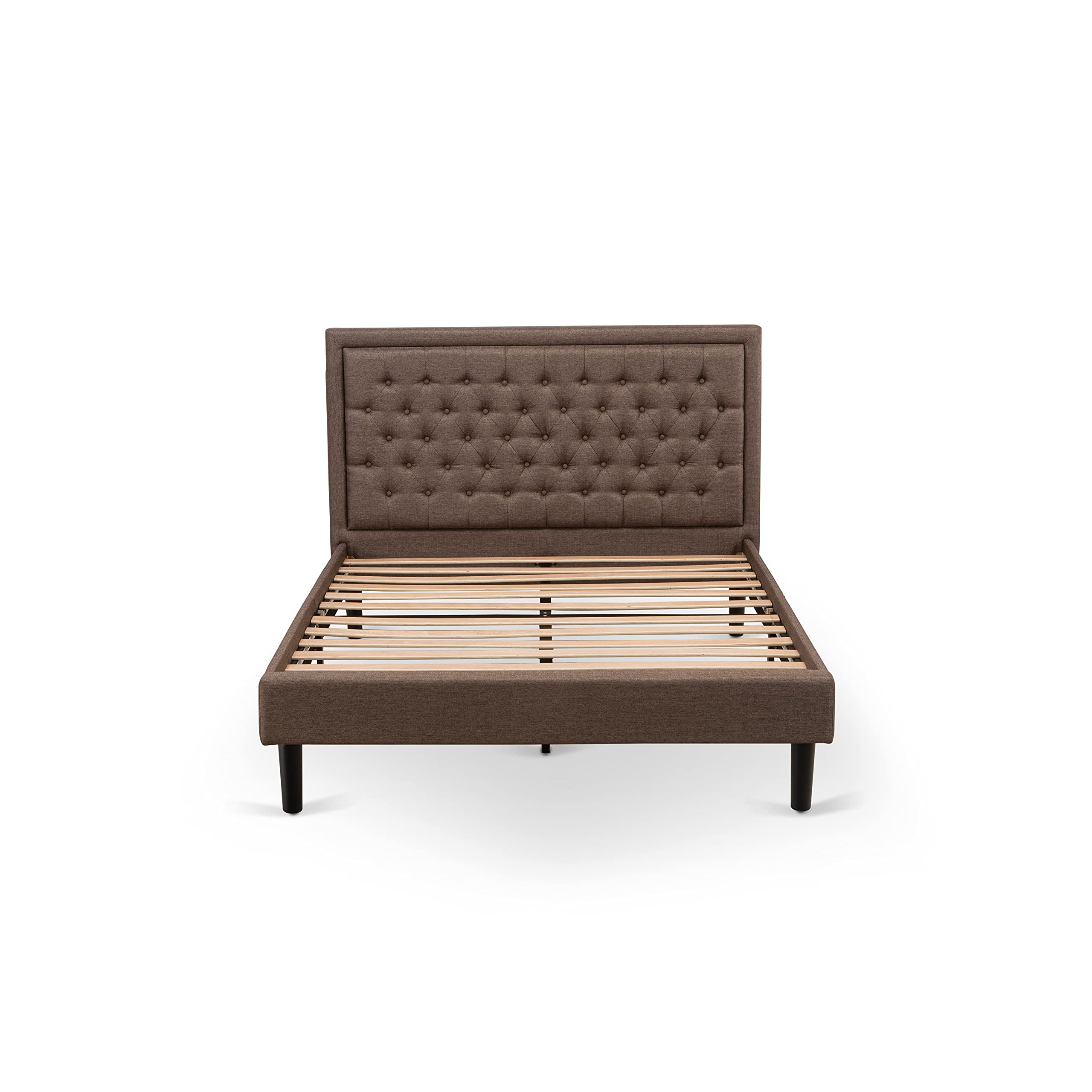East West Furniture KDF-18-Q Platform Queen Bed Frame - Brown Linen Fabric Upholstered Bed Headboard with Button Tufted Trim Design - Black Legs