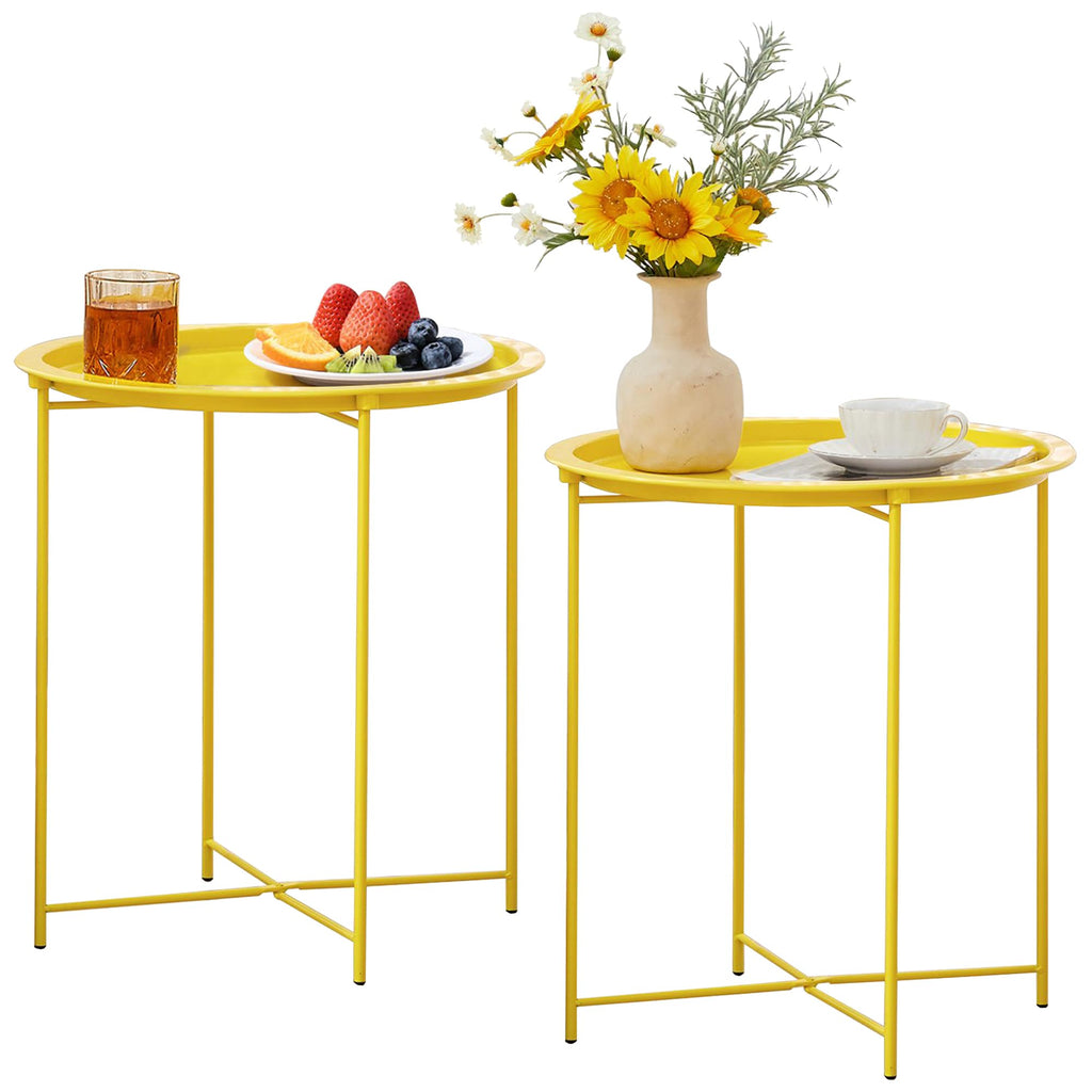 Vecelo Side/End Table, Folding Round Metal Anti-Rust And Waterproof Outdoor Or Indoor Tray For Living Room Bedroom Balcony And Office, 2 Pcs, Yellow