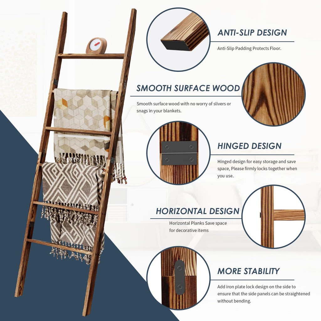 6-Tier Blanket Ladder Wooden, 5.7Ft(66.5'') Blanket Quilt Towel Holder Rack Decorative Ladder, Easy Assembly, Rustic Farmhouse L