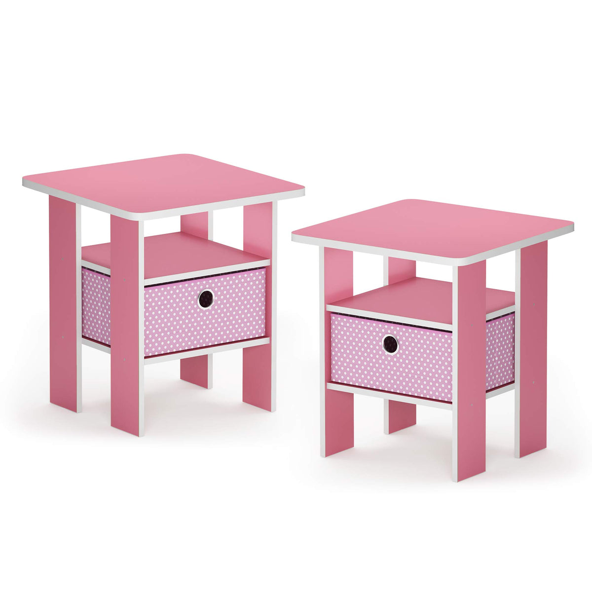 Furinno Andrey Set Of 2 End Table / Side Table / Night Stand / Bedside Table With Bin Drawer, Pink/Light Pink