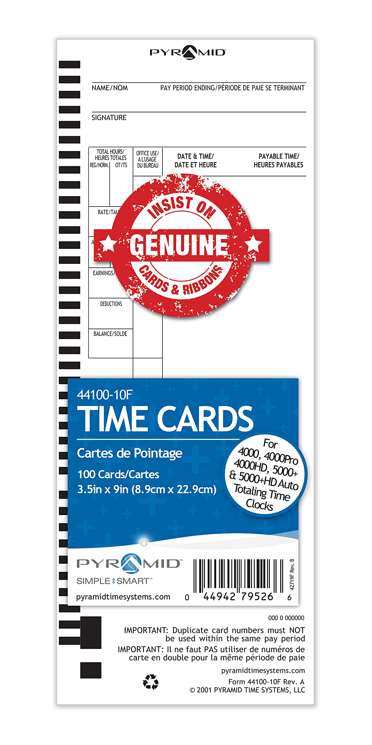 Pyramid Time Systems, 44100-10F, Genuine And Authentic English And French Time Cards For Pyramid Models 4000, 4000Prok, 4000Hd,