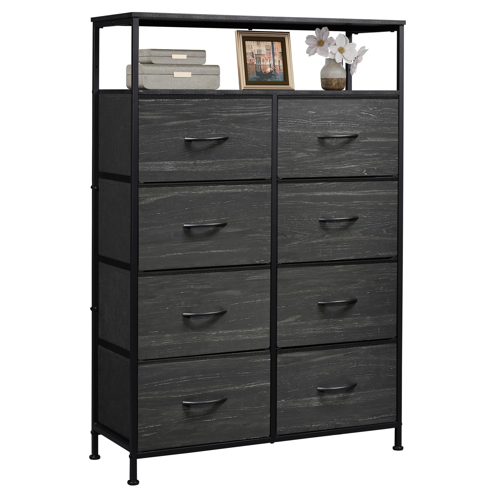 Wlive Fabric Dresser For Bedroom With Open Shelves, Tall Dresser With 8 Drawers, Storage Tower With Fabric Bins, Chest Of Drawers For Closet, Living Room, Hallway, Charcoal Black Wood Grain Print