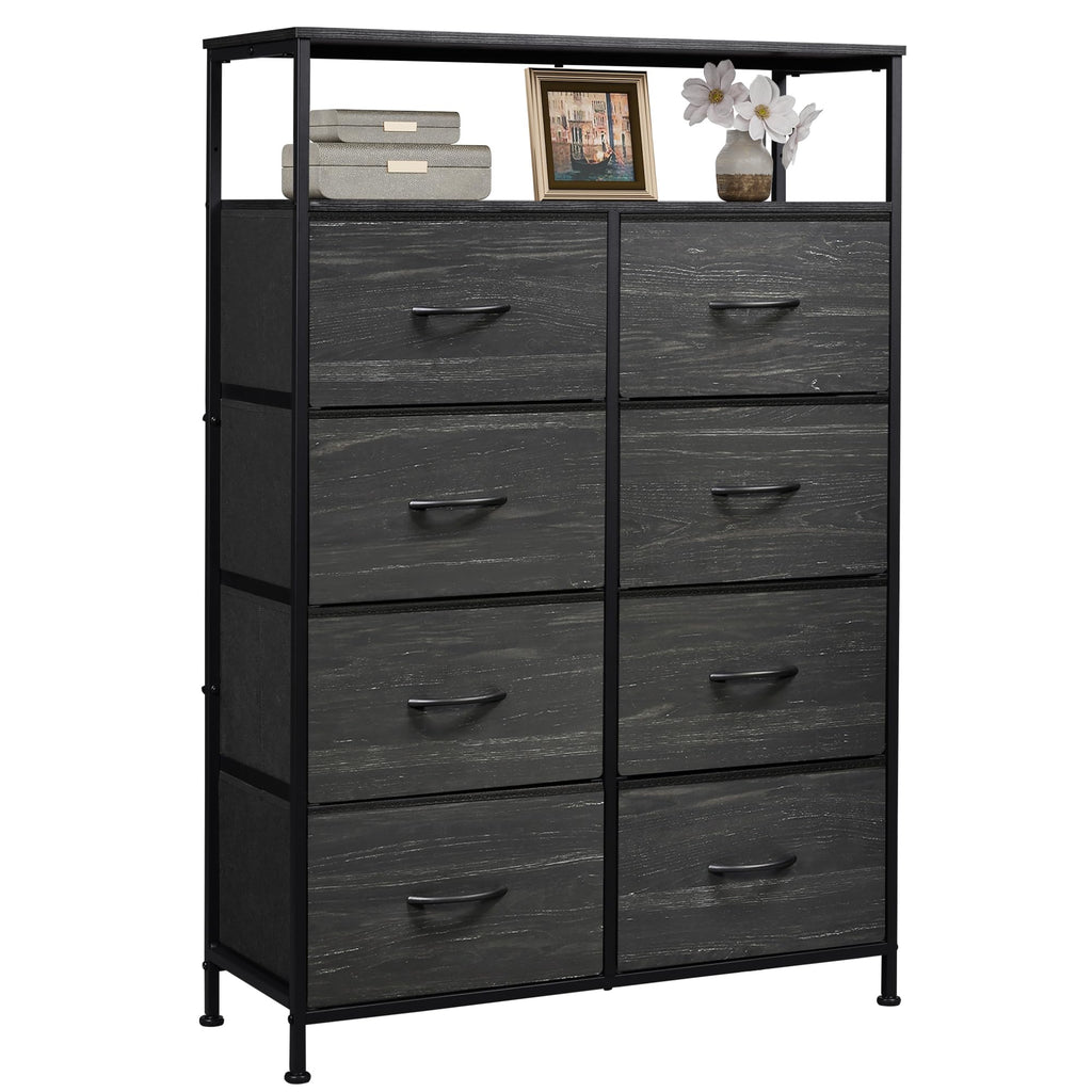 Wlive Fabric Dresser For Bedroom With Open Shelves, Tall Dresser With 8 Drawers, Storage Tower With Fabric Bins, Chest Of Drawers For Closet, Living Room, Hallway, Charcoal Black Wood Grain Print