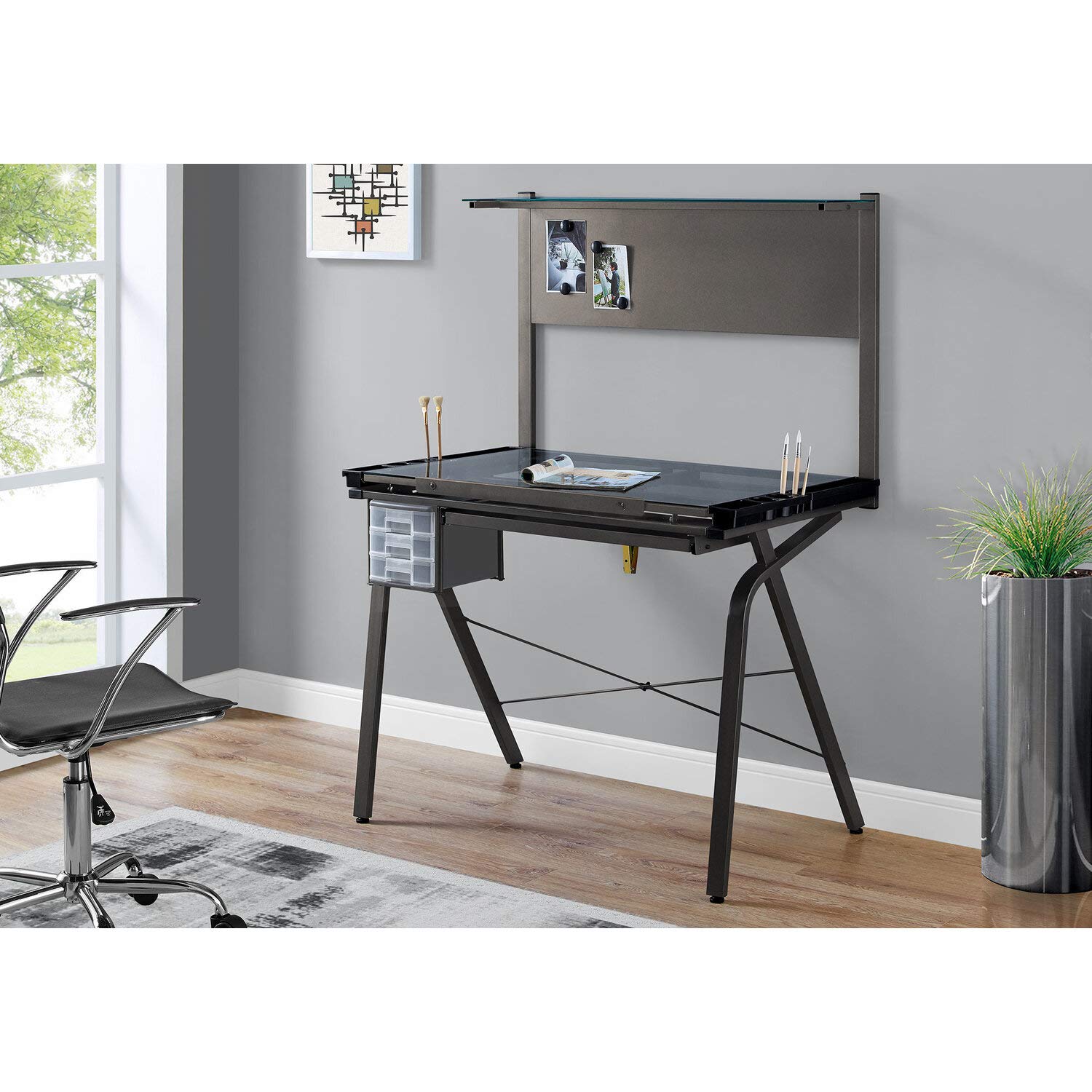 Monarch Specialties Contemporary Adjustable Multi-Functional Tempered Glass Drafting Table