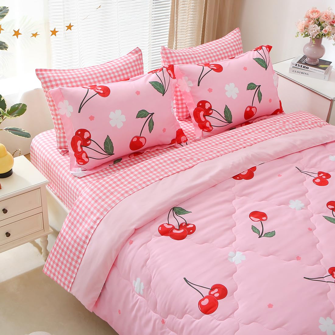 Gusuhome Girls Cherry Comforter Bedding Set Twin Size 7 Piece Pink Kawaii Oriental Cherry Comforter Set Bed In A Bag For Kids Te