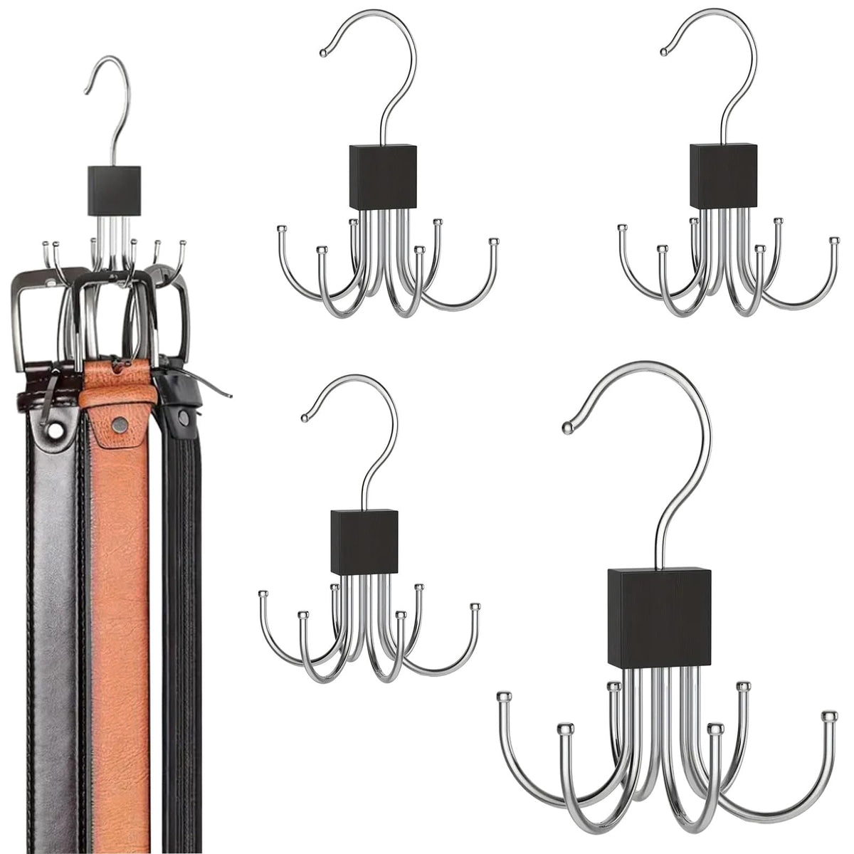 SODOI 4 Pack MultiFunctional Rotating Hook and Clothing Rack Saves Space in Your Closet, Suitable for Hats, Belts, Bags, Ties, 