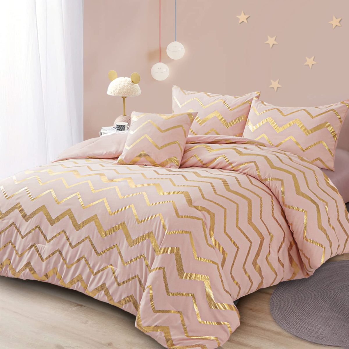 Menghomeus Pink Comforter Set Queen/Full Size Metallic Blush And Rose Gold Bedding Set, 4 Piece Lightweight Microfiber Bed Set F