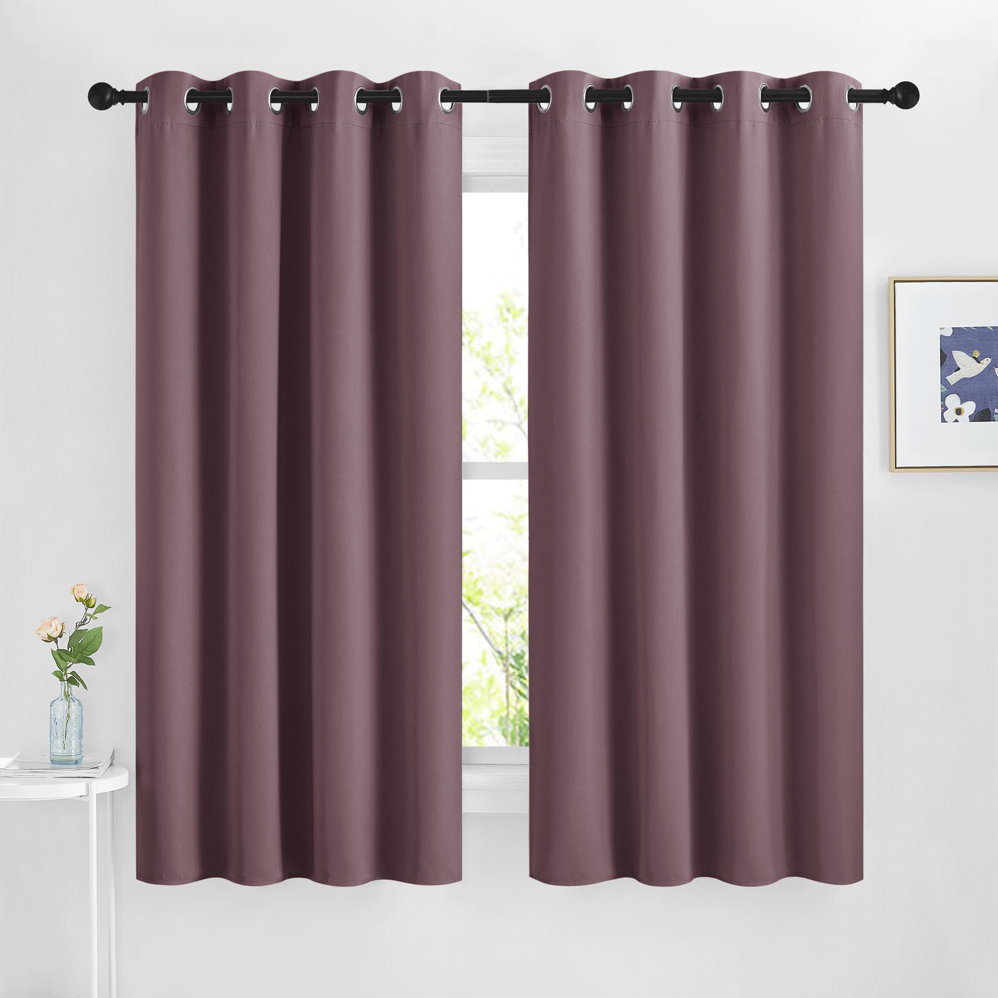 Nicetown Dry Rose Bedroom Curtains 63 Inch Length 2 Panels Set, Solid Thermal Insulated Grommet Light Blocking Blackout Curtains