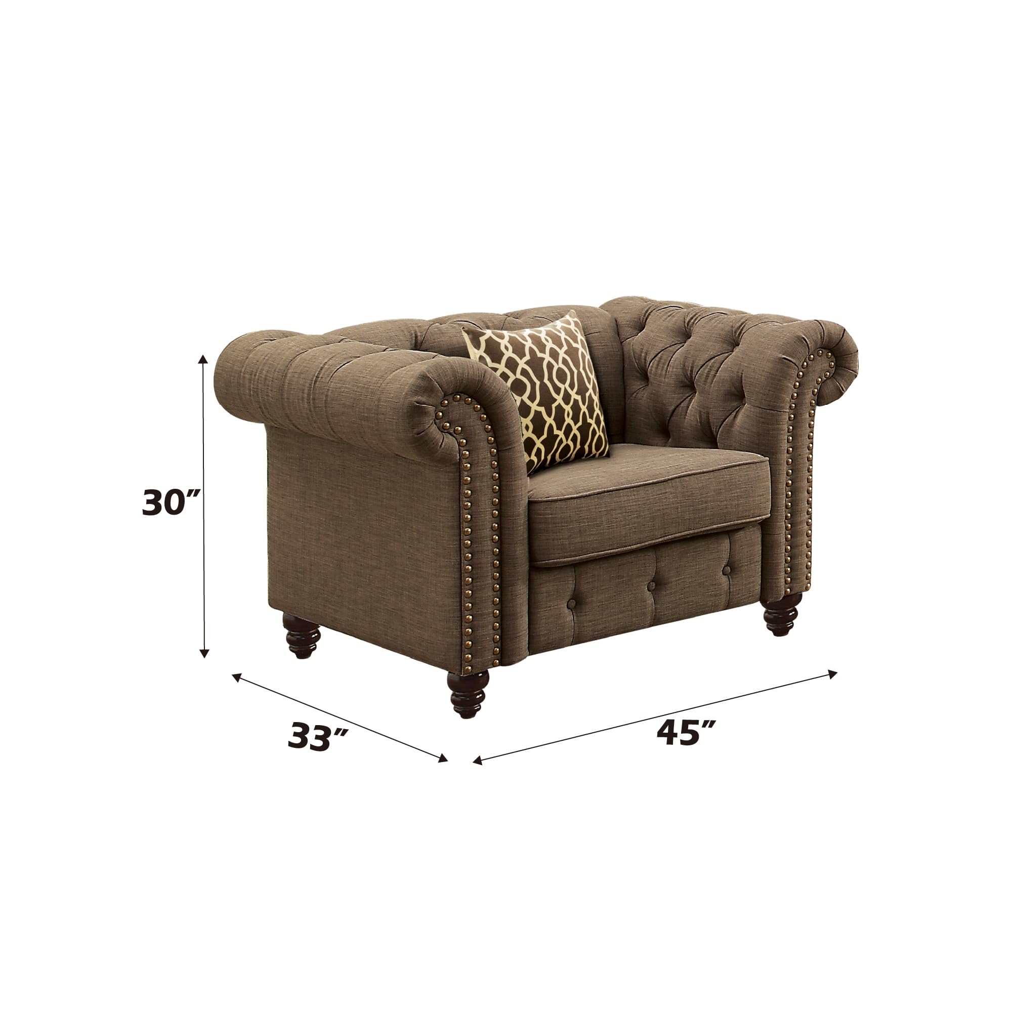 Acme Aurelia Tuxedo Tufted Arm Chair with Nailhead Trim in Brown Fabric
