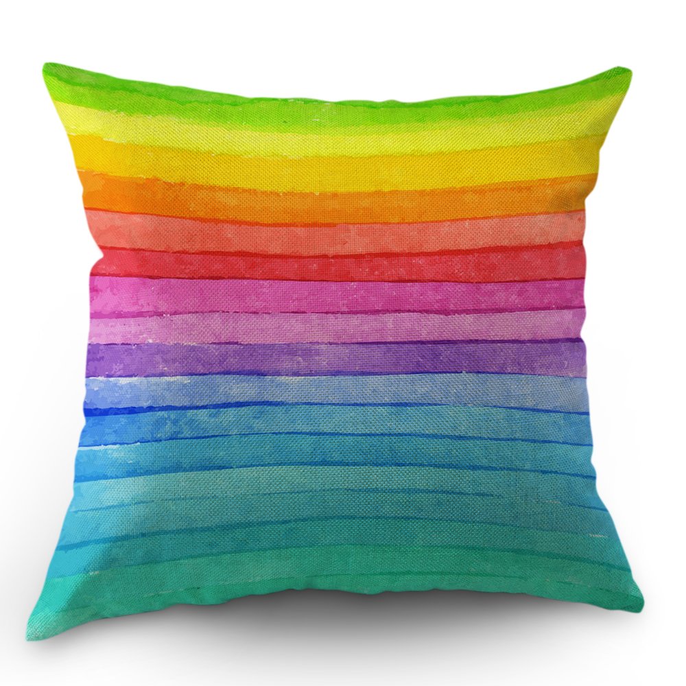 Moslion Rainbow Pillow Cover Summer Rainbow Stripes Cotton Linen Decorative Throw Pillow Case 18 x 18 Inch Standard Square Cushi