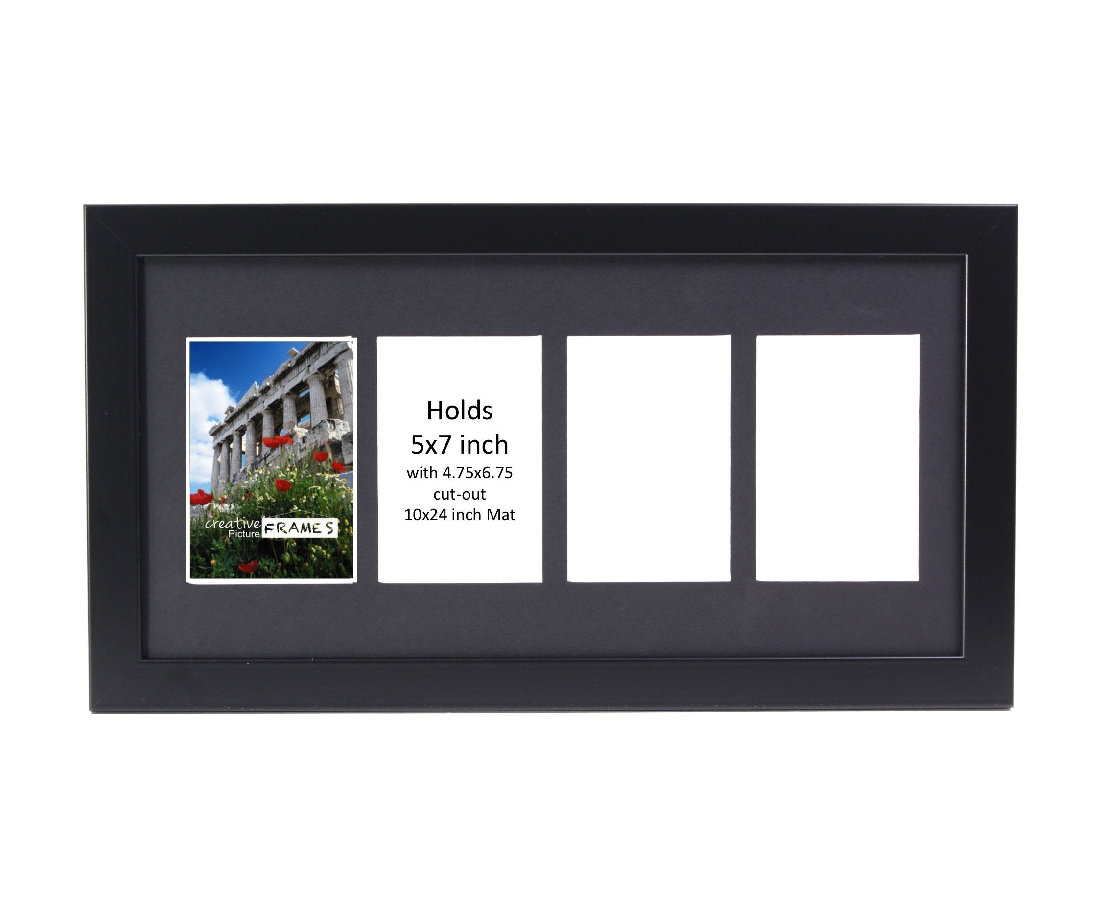 CreativePF- 4 Opening Black Picture Frame Holds 5 by 7-inch Media with 10x24-inch Black Mat Collage including Full Strength Glas
