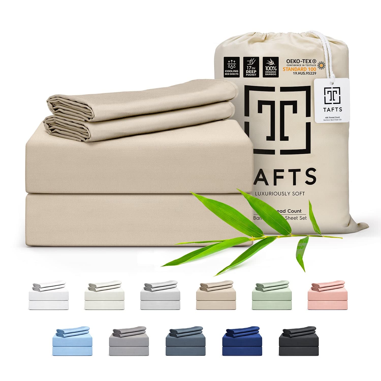Tafts Bamboo Sheets King Size Bed Sheets 5 Piece Set, Pure 100% Organic Bamboo, 17” Deep Pockets - Luxuriously Soft, Silky Smooth, Cooling, Double Stitched, Lifetime Quality Guarantee (Beige)