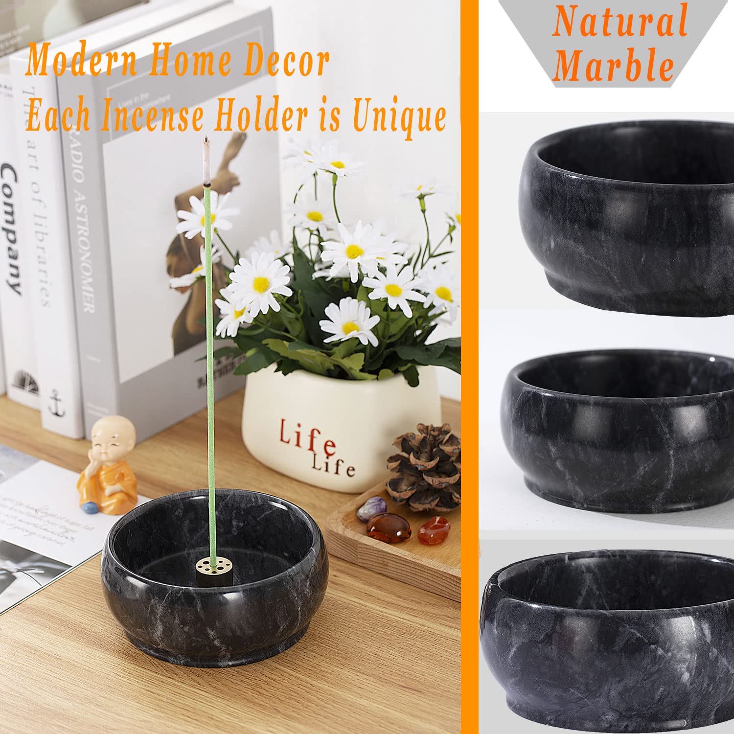 Incense Holder, Incense Burner Ash Catcher With Brass 9 Holes Incense Stick Holder For Home Decor Yoga Spa Madiation (Natural Bl
