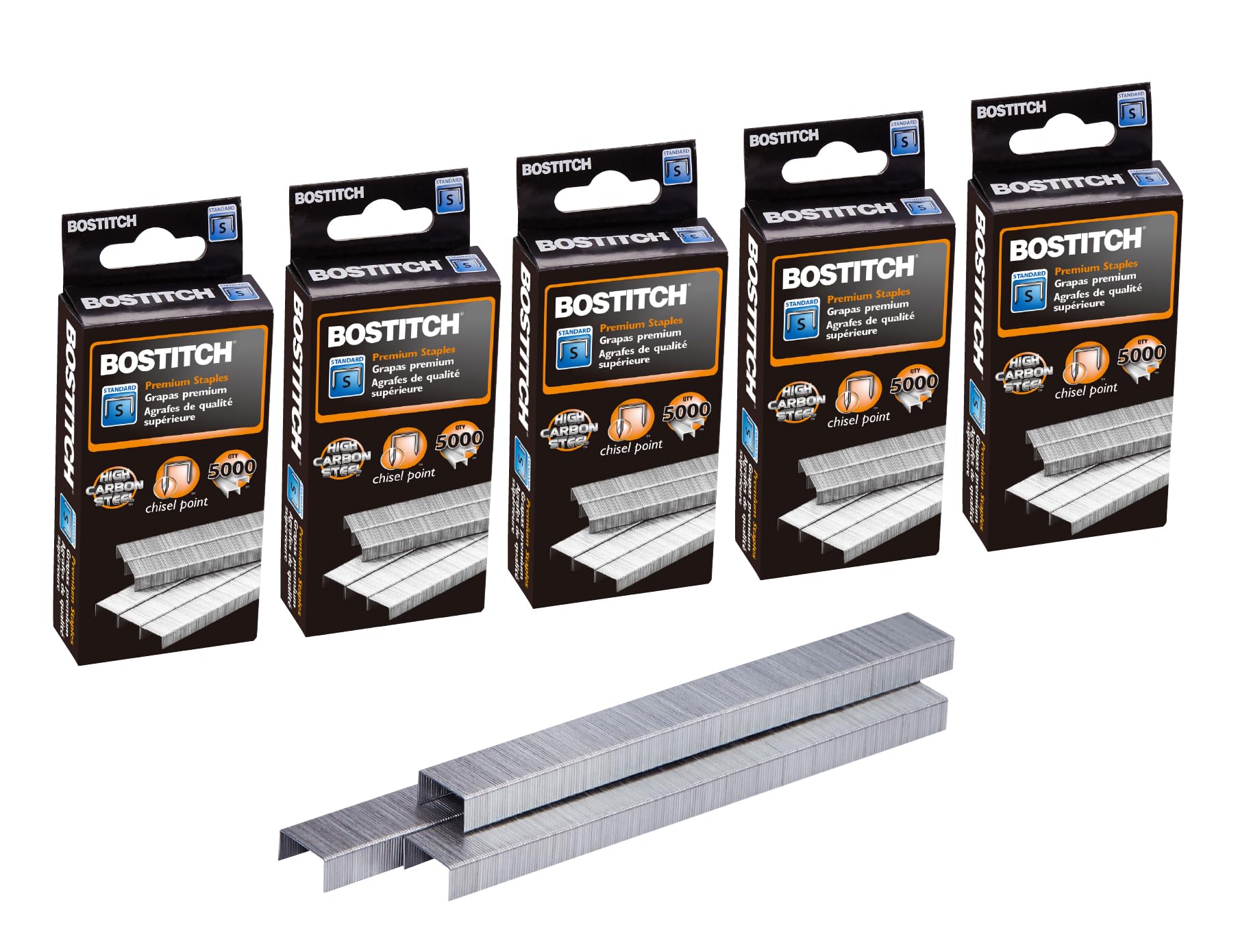 Bostitch Office Premium Standard Staples, 1/4' Length, High-Carbon Steel, 5000 Per Box, 5-Pack