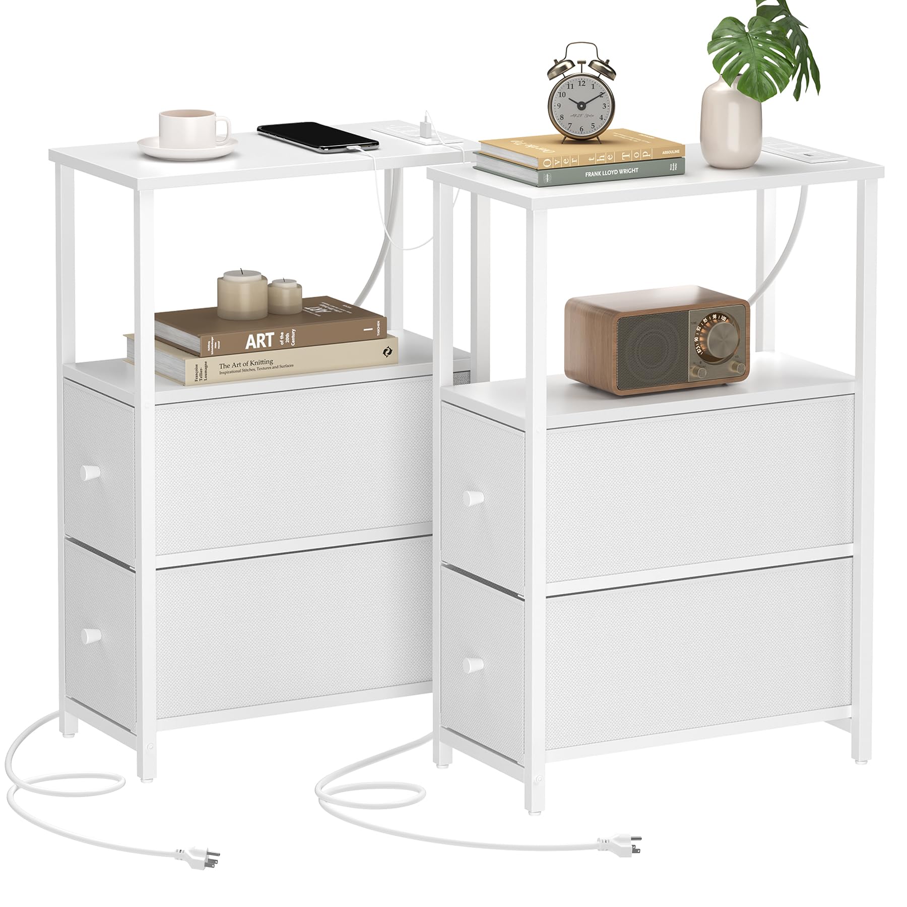 Tutotak Small Narrow End Table With Charging Station, Set Of 2, Side Table With Outlets, Nightstand With 2 Cloth Drawers, Couch Table, For Living Room, Bedroom, Bedside, White Tb01Bw055