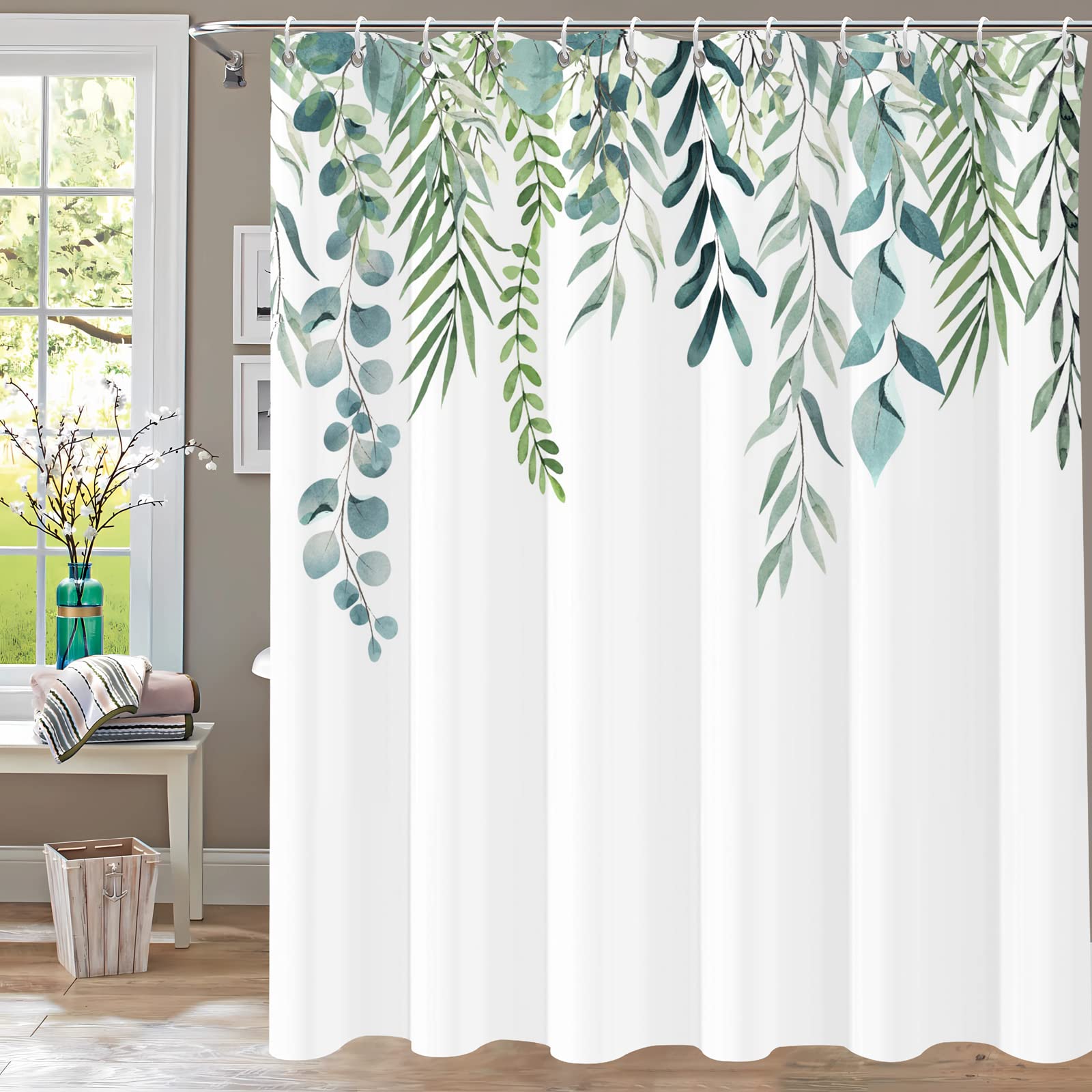 YiarTaan Shower Curtain, Fabric Shower Curtain for Bathroom Waterproof Sage Green Shower Curtains Washable Watercolor Leaves on 