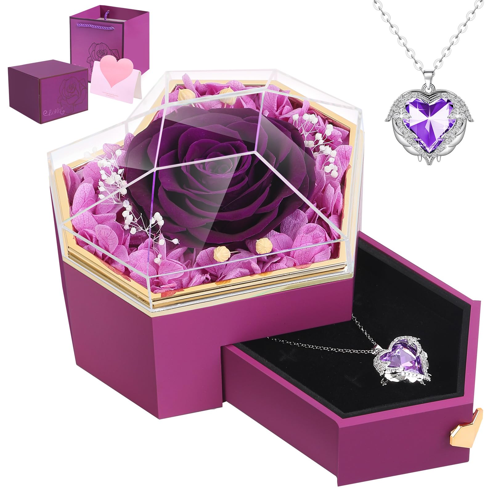 Preserved Real Rose With Necklace Forever Flowers Diamond Shaped Box For Mom Wife Girlfriend Grandma On Mothers Day Birthday Val