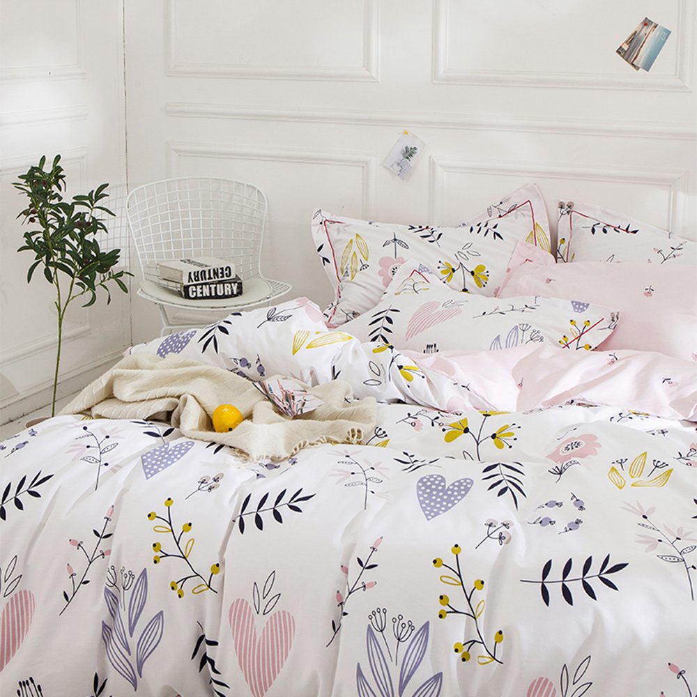 Girls Floral Duvet Cover Twin Boho Floral Aesthetic Bedding Sets Twin White Pink Cotton Kids Teens Flower Comforter Cover Floral