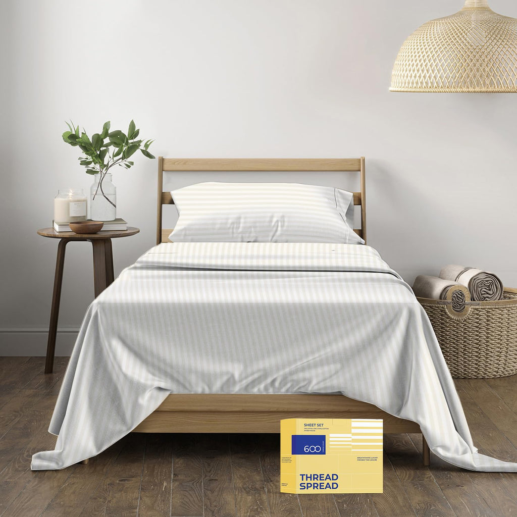Thread Spread Striped Egyptian Cotton Sheets Twin Xl Size - 600 Thread Count 3 Pc Damask Twin Xl Sheets Deep Pockets, Sateen Wea