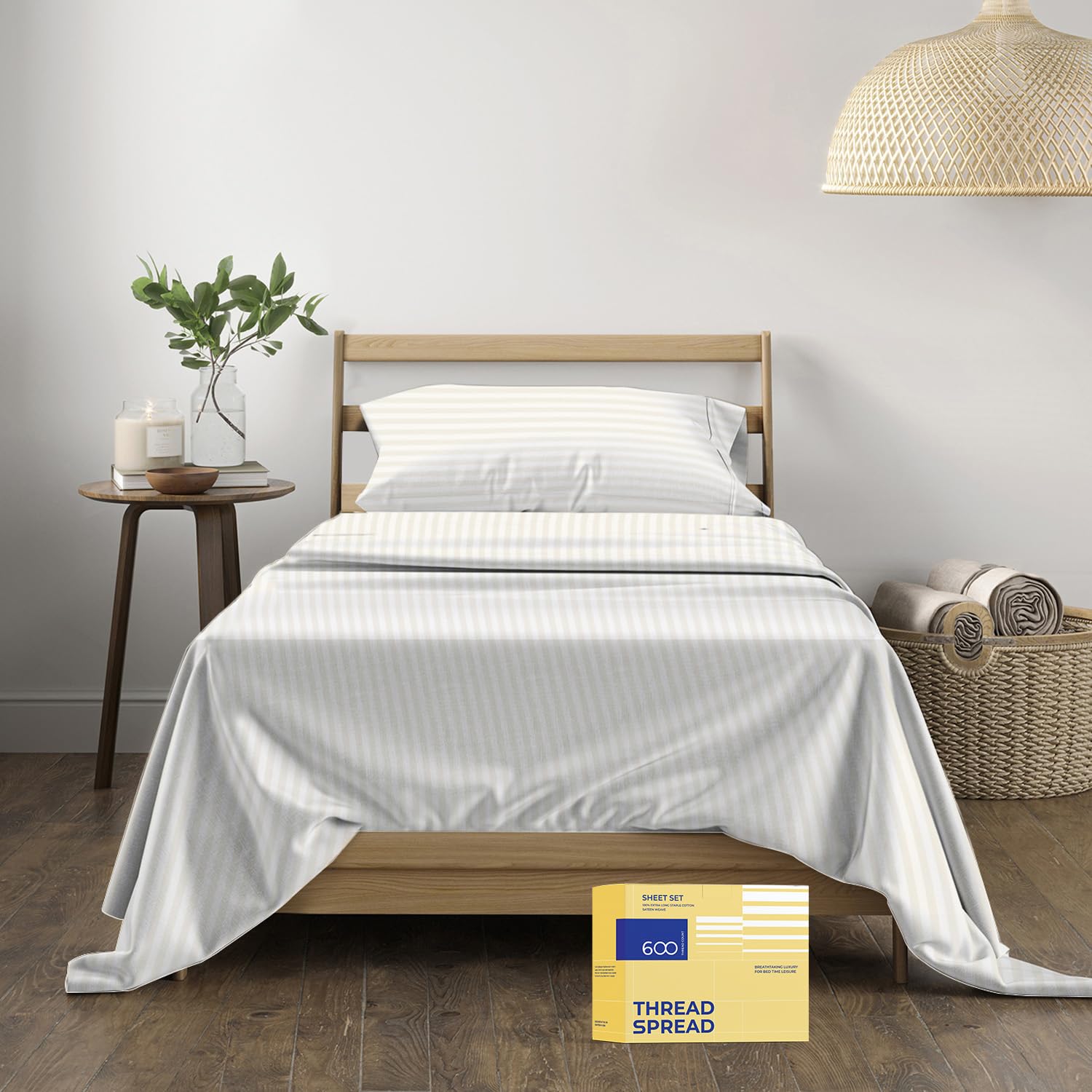 Thread Spread Striped Egyptian Cotton Sheets Twin Xl Size - 600 Thread Count 3 Pc Damask Twin Xl Sheets Deep Pockets, Sateen Wea