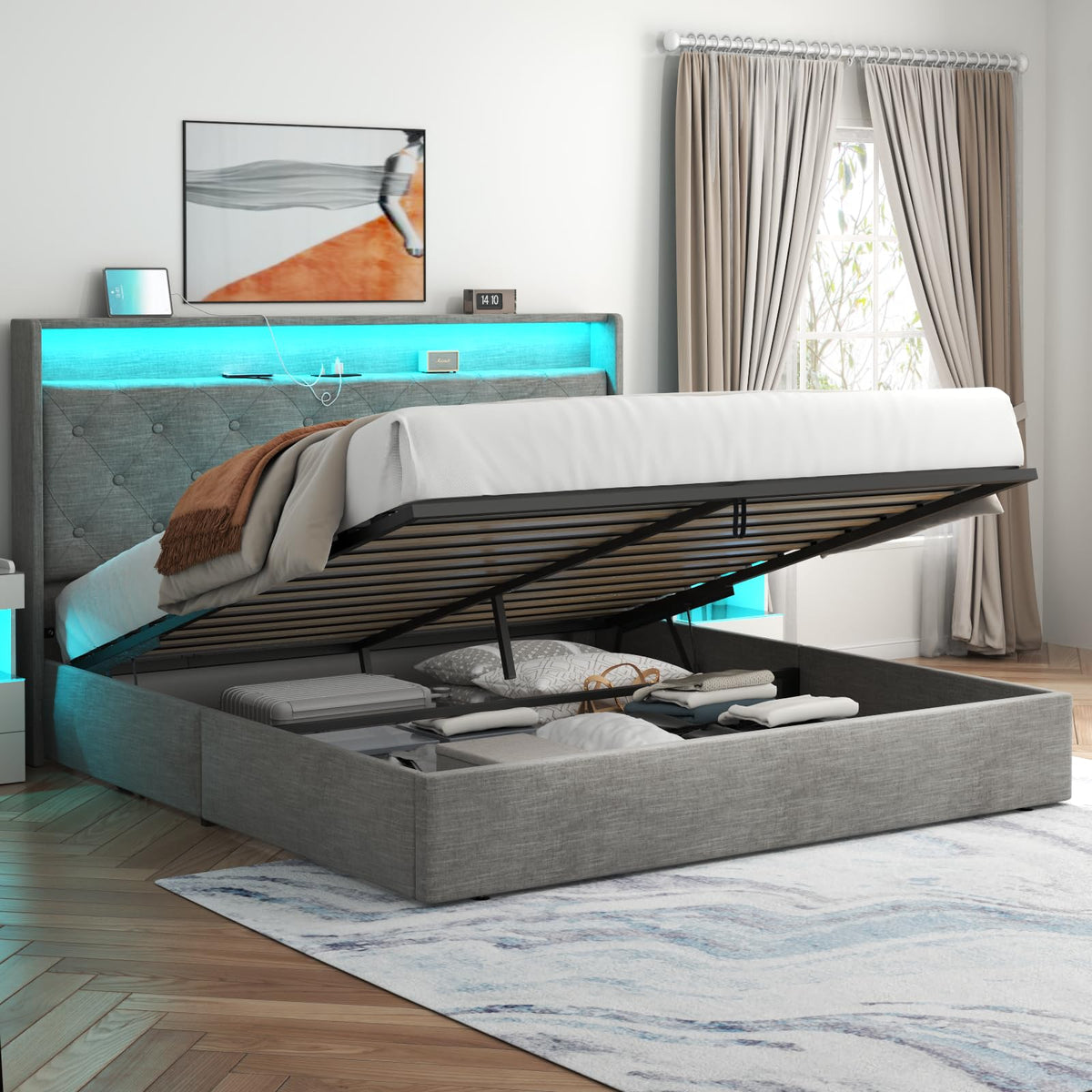 Loomie King Lift Up Bed Frame with Charging Station & LED Lights, Upholstered Bed with Button Tufted Wingback Storage Headboard,