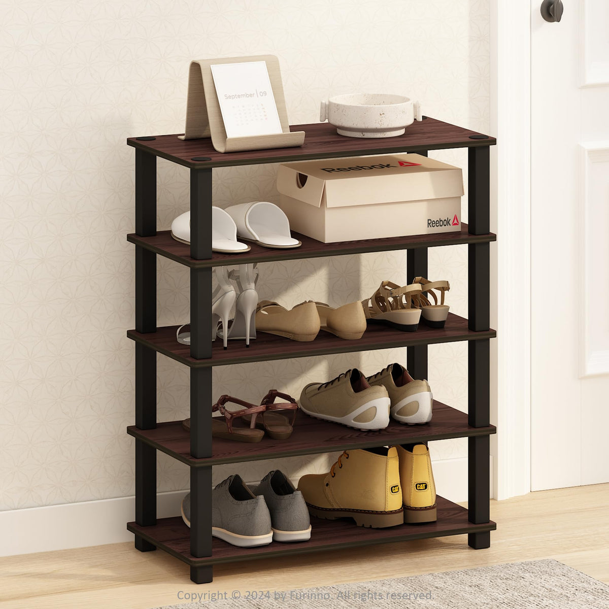 Furinno Turn-S-Tube 3-Tier Multipurpose Standing Shelves, Shoe Rack, Dark Cherry/Black, Set of 2