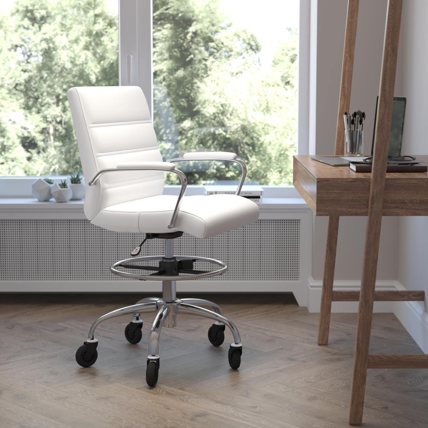 Flash Furniture Lexi Mid-Back Drafting Chair With Adjustable Foot Ring-Leathersoft Upholstery-Chrome Base-Roller Wheels, 24&Quot; Dx21.5 Wx48-40 H, White