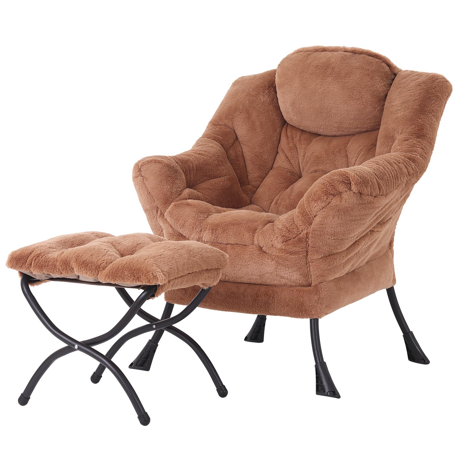 Welnow Lazy Chair With Ottoman, Modern Lounge Accent Chair With Armrests And A Side Pocket, Leisure Sofa Chair, Reading Chair With Footrest For Small Space, Corner Chair, Plush Brown