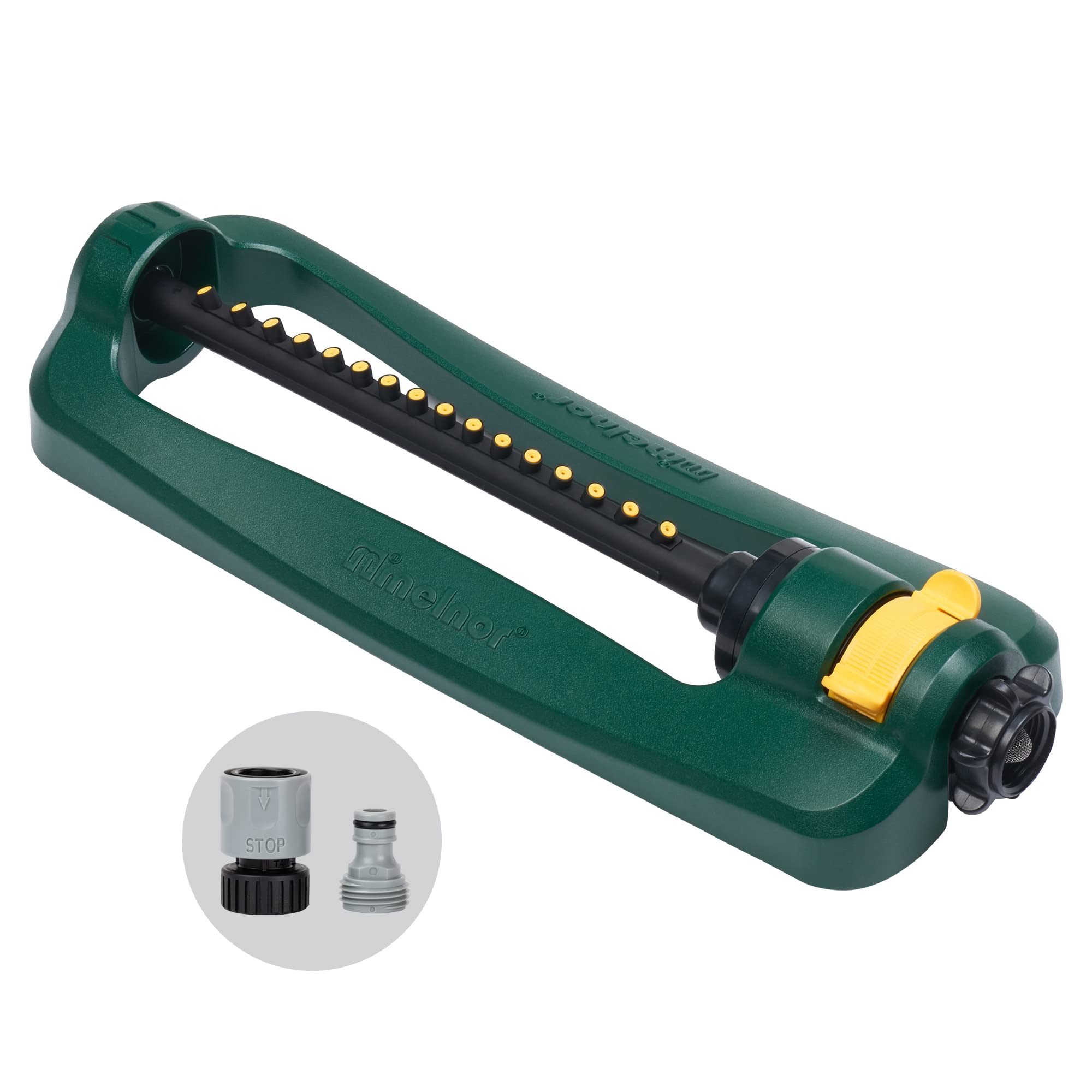 Melnor 65148Amz Turbotek Oscillating Sprinkler, 2,800 Sq. Ft., Quick Connect Bundle, 16 Precision Nozzle, Green, Yellow