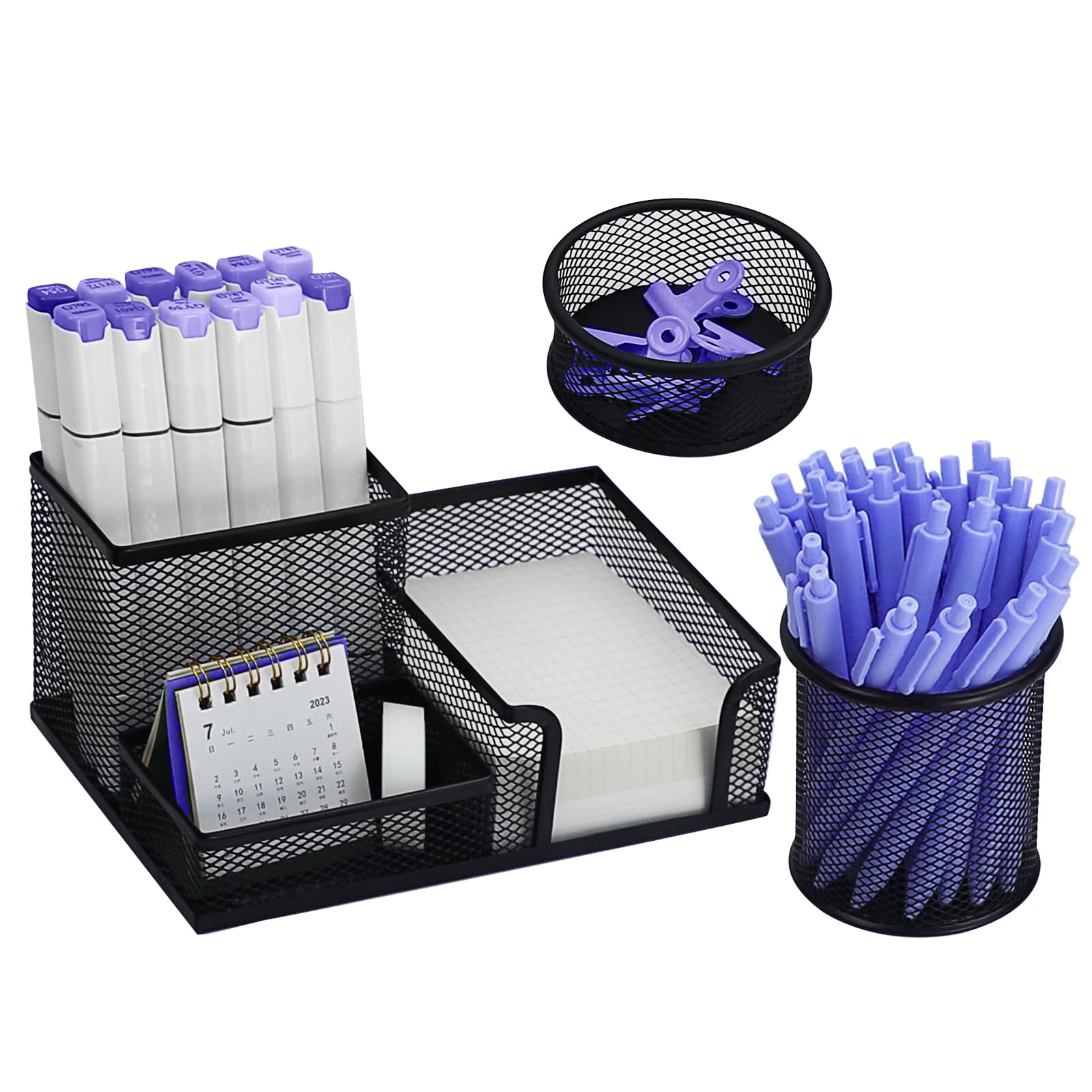 Exofc Desk Organizer Caddy, 3 Compartments Pen Holder, Metal Office Supplies Organizer For Office Home School (Black)