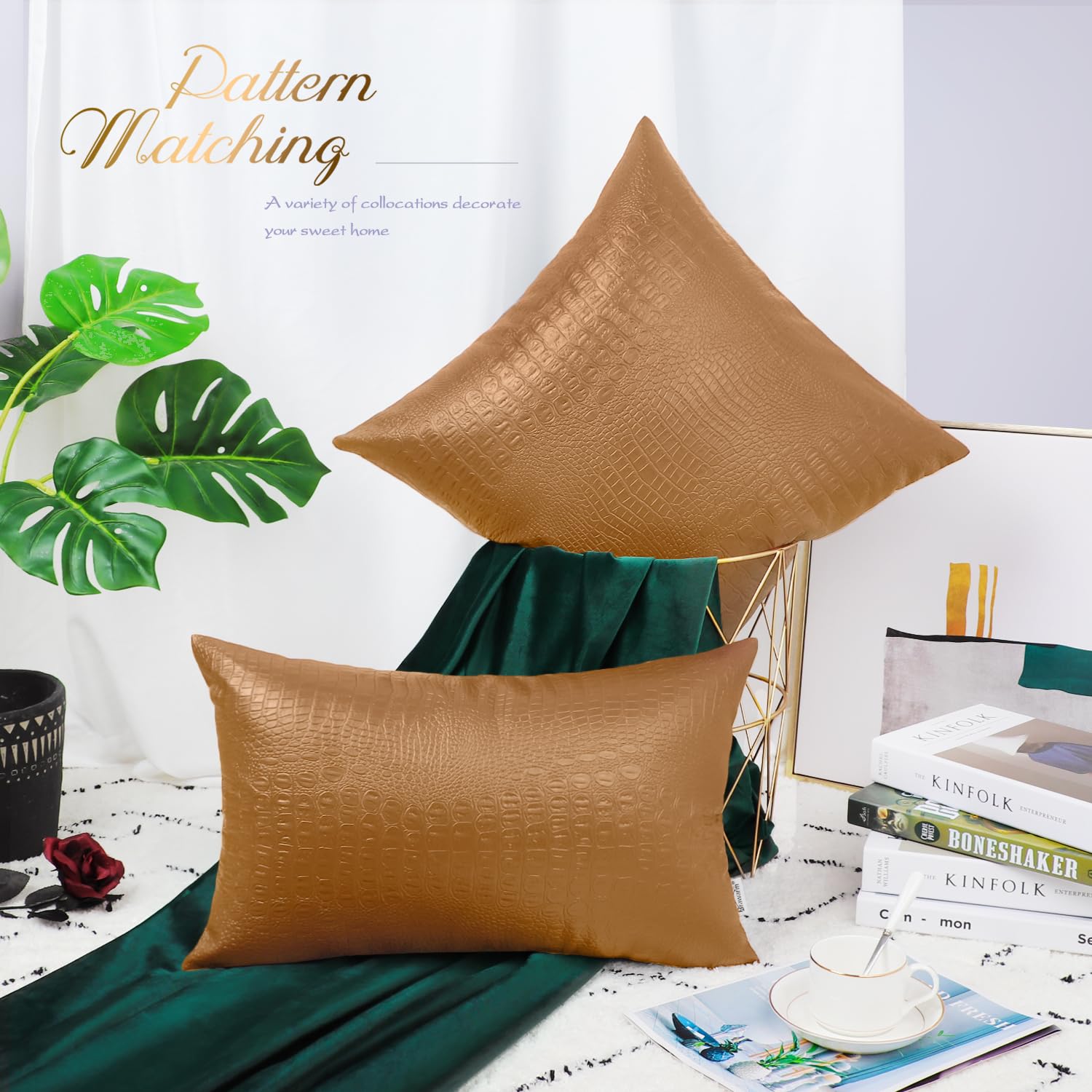 Brawarm Faux Leather Pillow Covers 20 X 20 Inches, Tan Leather Pillow Covers Pack Of 2, Crocodile Leather Decorative Throw Pillo