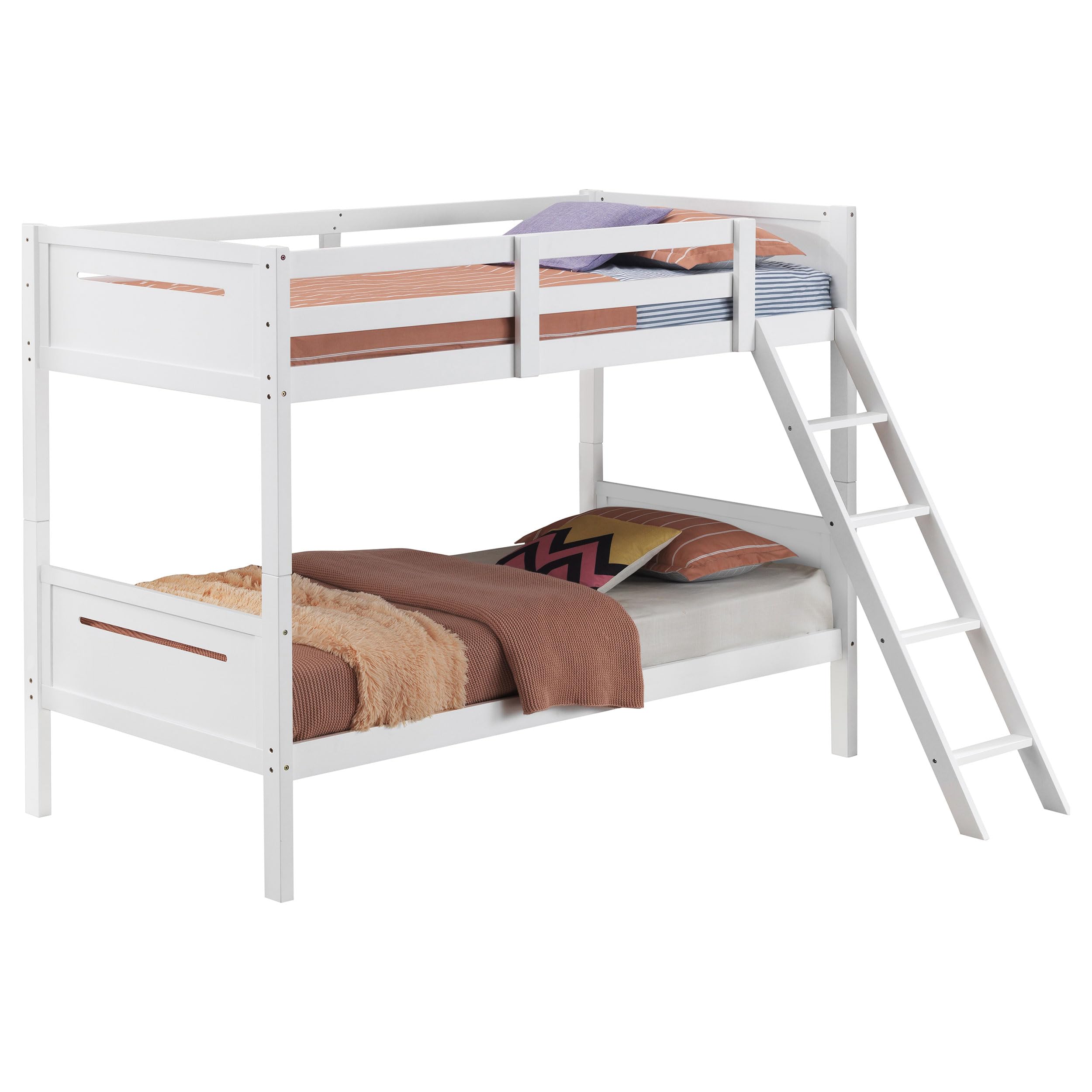 Coaster Home Furnishings Littleton Transitional Wood Twin Over Twin Size Bunk Bed Frame with Ladder and Guardrails Fully Slatted Mattress Ready Foundation White 405051WHT