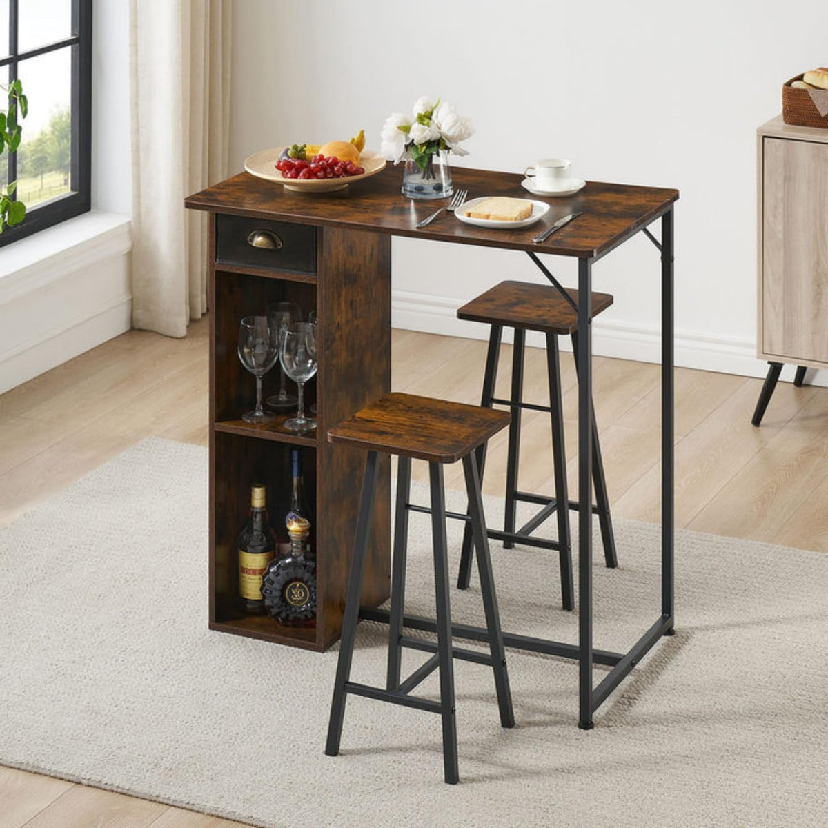 Ecosummer Bar Table And Chairs Set, Dining Table Set, 3Pcs Kitchen Dining Table Set With Storage Drawer & Shelf, Pub Table And C