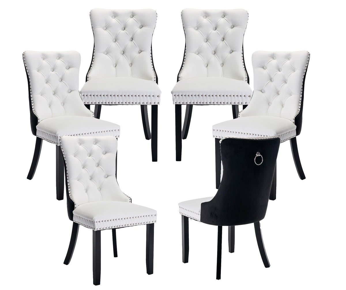 Lktart Dining Chairs Set Of 6 Pu And Velvet Upholstered Tufted Back With Nailhead Trim And Back Ring Pull Solid Wood Legs For Ki