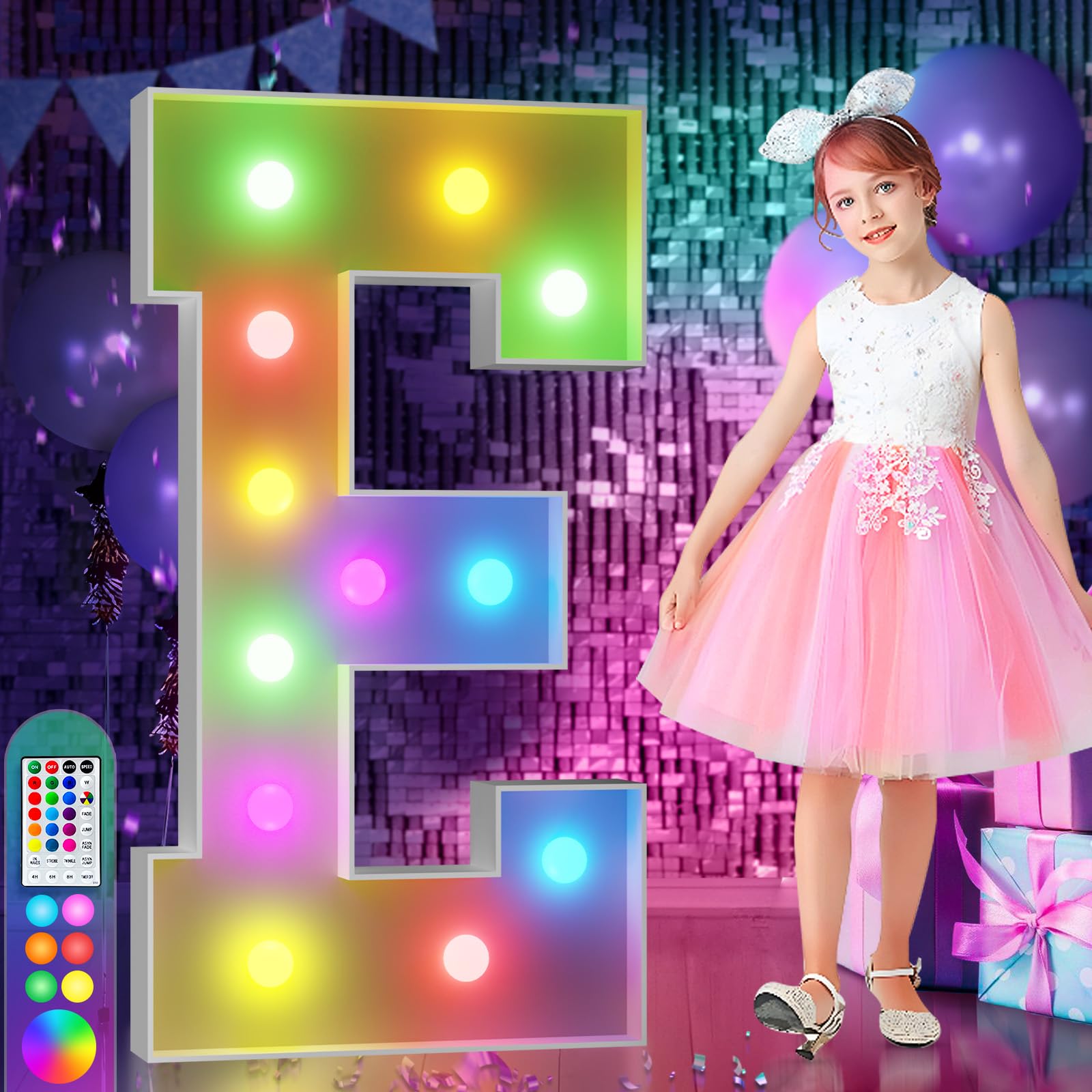 imprsv 4FT Colorful Marquee Light Up Letters E, 18 Colors Light Up Letters Alphabet Sign with Remote, Marry Me Light Up Letters,