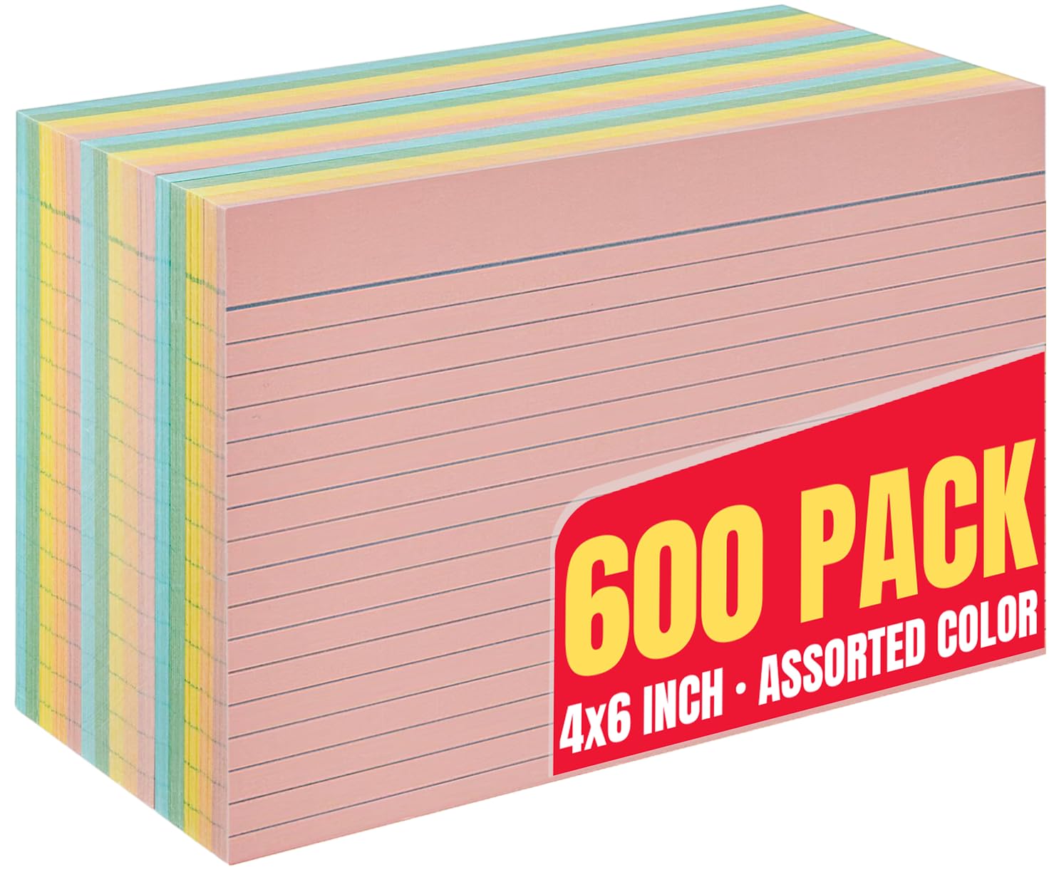 1Intheoffice Index Card Ruled 4X6, Colored Index Cards 4X6, Lined Note Cards, Assorted Colors, 600 Pack