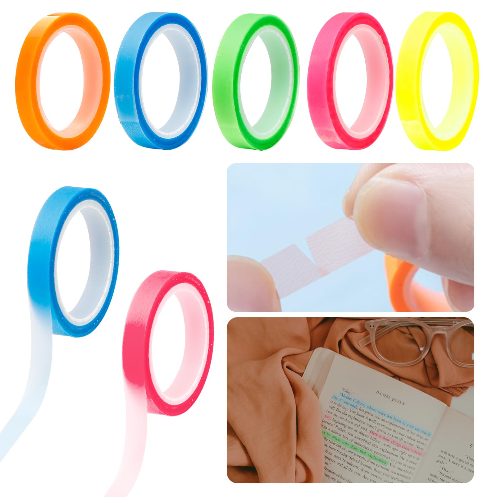 5 Rolls Highlighter Tape Removable Transparent Colorful Marking Sticker Neon Fluorescent Strips For Home Office School Supplies