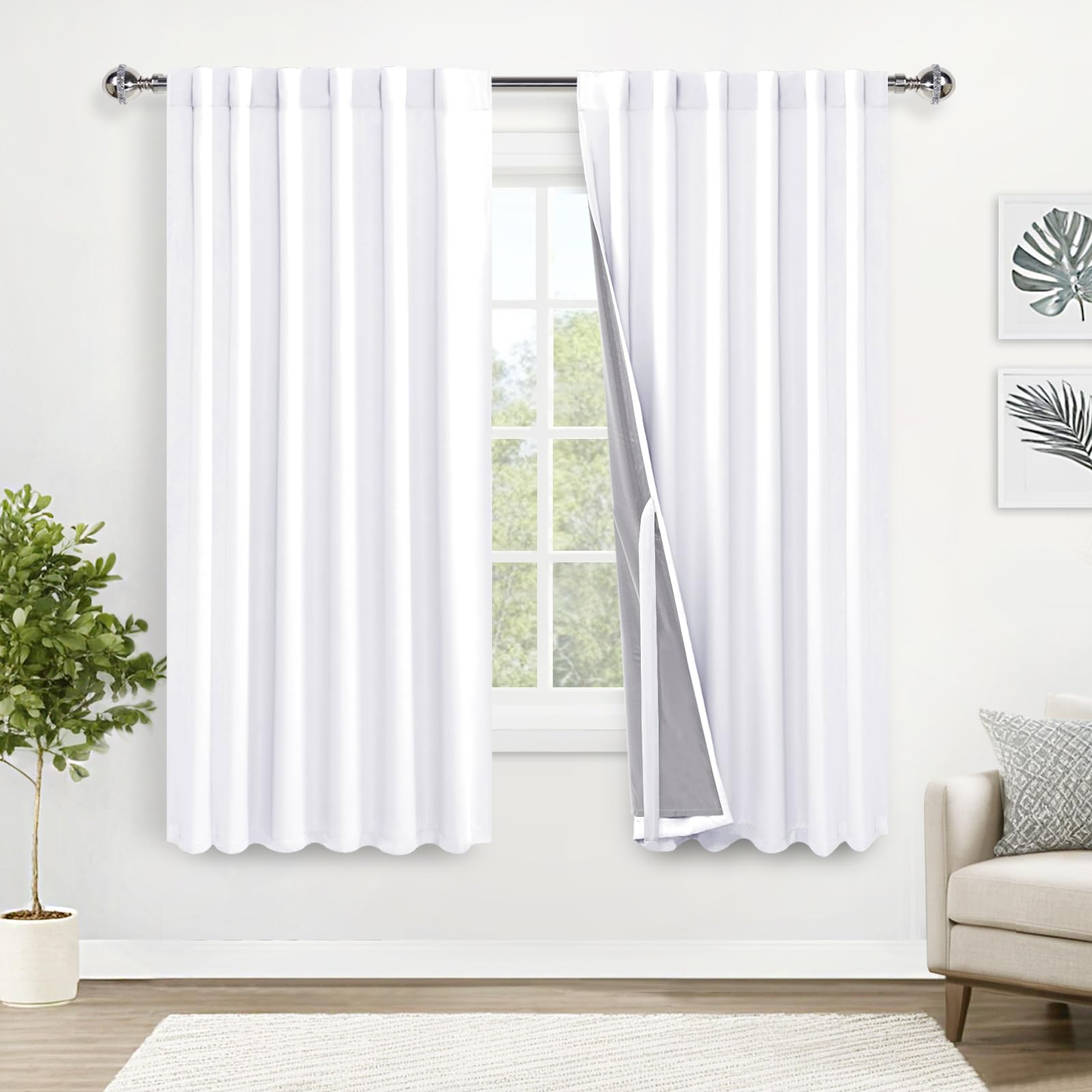 Xwzo 100% Blackout Curtains 63 Inches Length With Tiebacks- Thermal Insulated Double Layer Window Drapes With Black Liner For Be