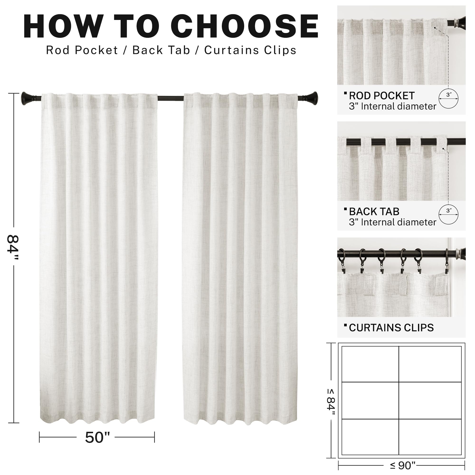 Ivory Linen Back Tab Curtains For Living Room 84 Inches Long Light Filtering Privacy Semi Sheer Off White Farmhouse Boho Faux Li