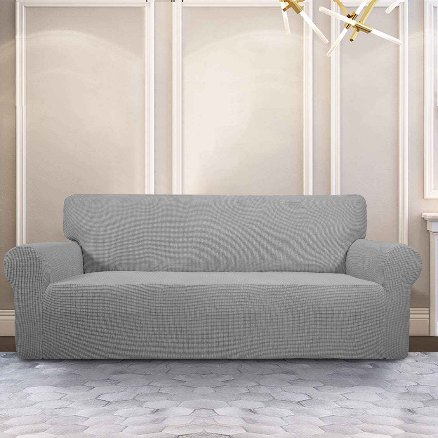 Purefit Stretch Oversized Sofa Slipcover – Spandex Jacquard Non Slip Soft Couch Sofa Cover, Washable Furniture Protector With Non Skid Foam And Elastic Bottom For Kids (Oversized Sofa, Light Gray)