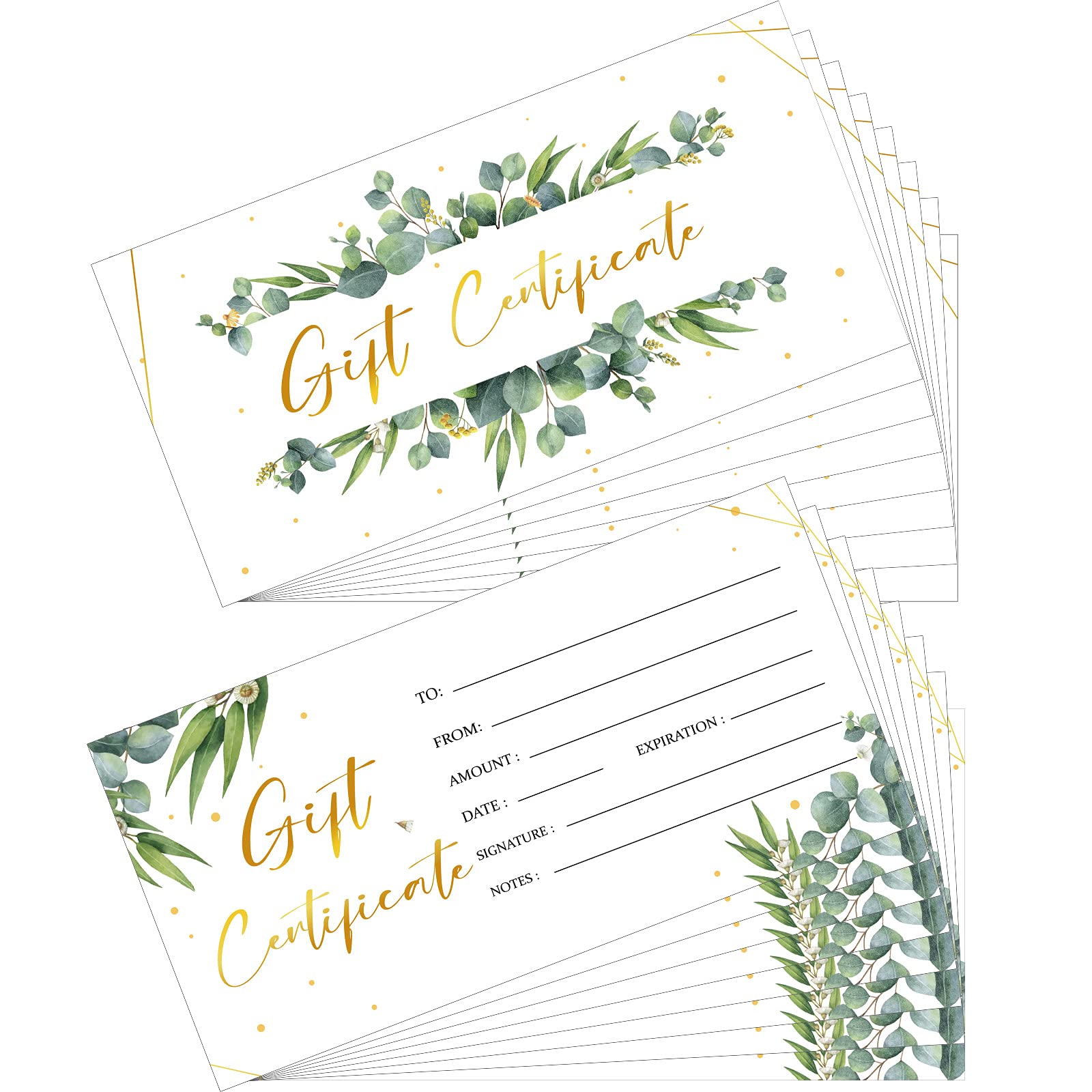 100 Pcs Blank Gift Certificate For Business Valentines Day Green Plant Gold Foil Gift Certificate Present Postcard Business Cust