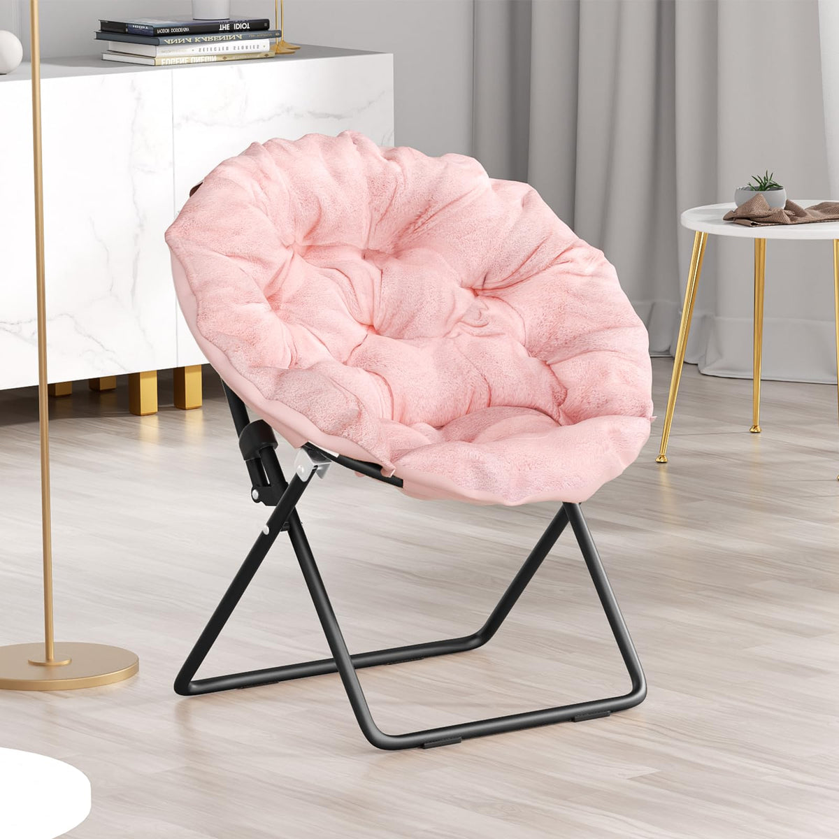 Sfihome Foldable Oversized Moon Chair, Large Soft Lazy Cozy Black Metal Frame Faux Fur Round Saucer Moon Chair For Teens And Adu