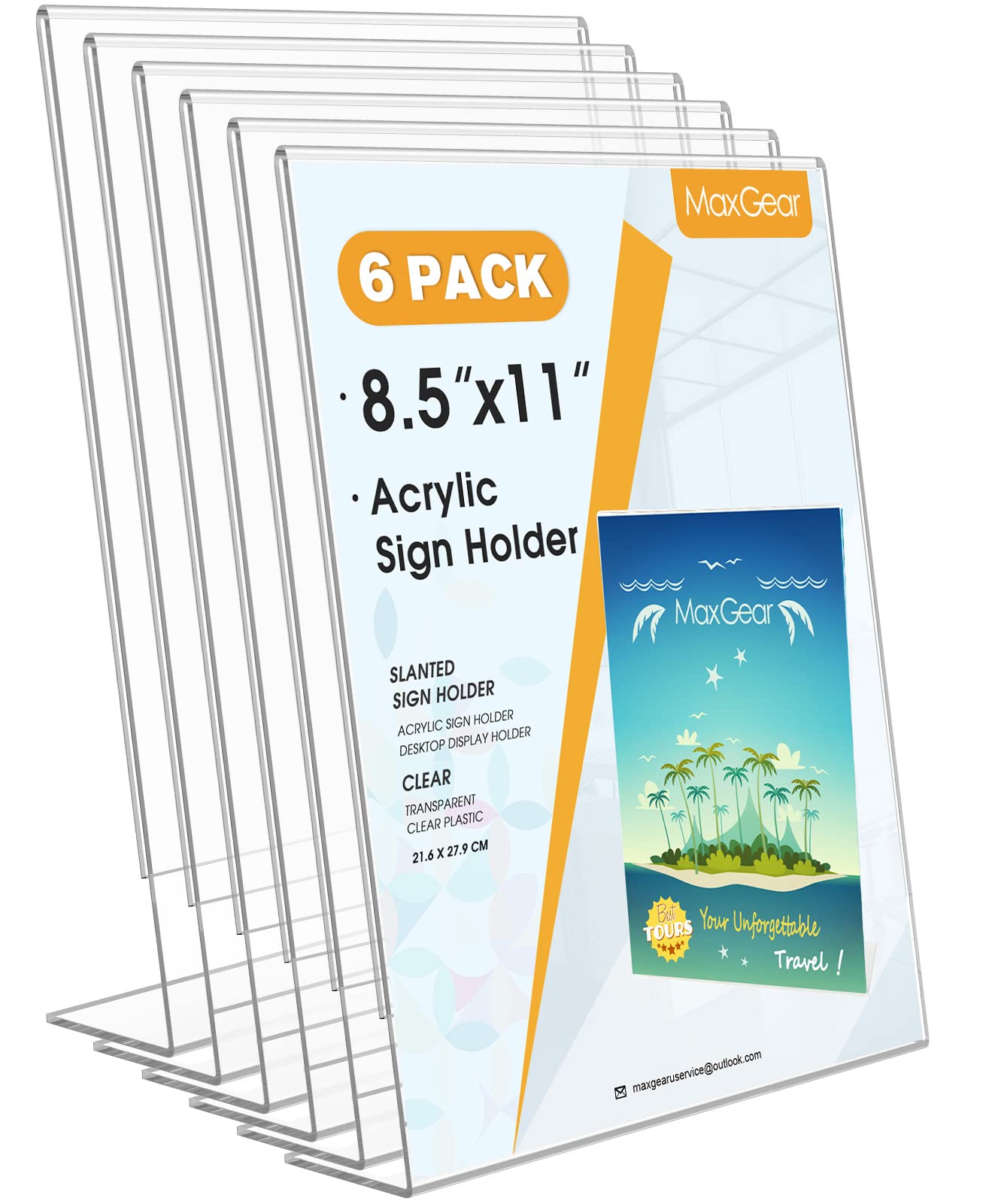 Maxgear 6Pack Acrylic Sign Holder 8.5 X 11, Plastic Sign Holder Plastic Paper Holder With Vertical Slanted Back Clear Picture Ph