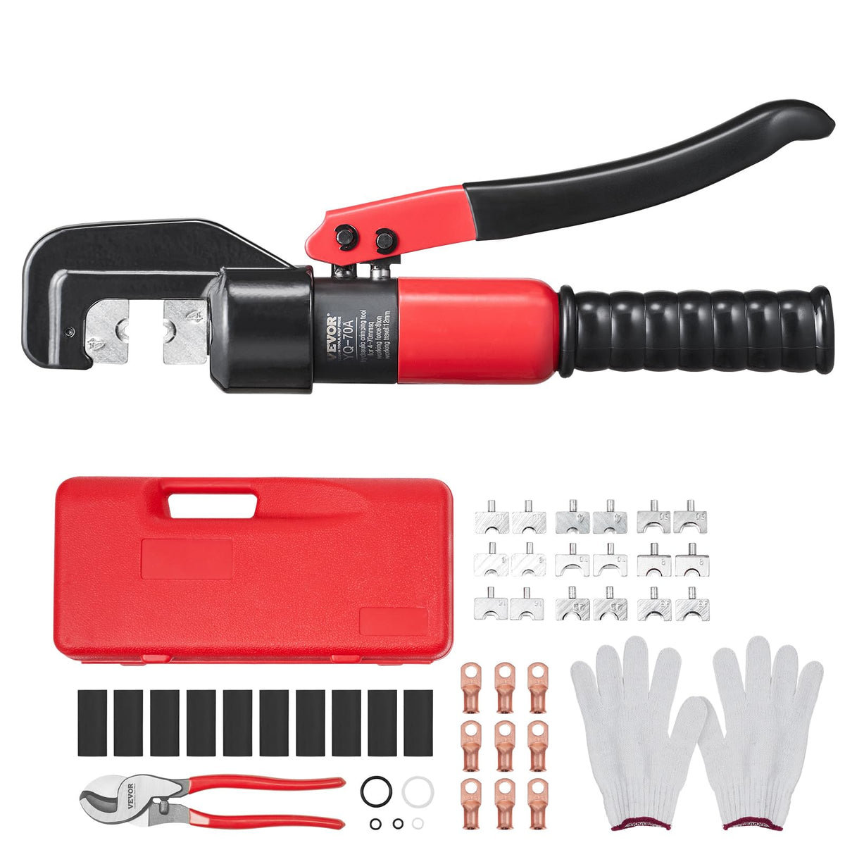 VEVOR Crimping Tool, AWG12-2/0 Copper And Aluminum Terminal Battery Lug Hydraulic Crimper, with a Cutting Pliers, Gloves, 10pcs 