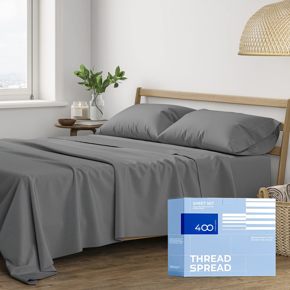 Thread Spread 100% Cotton Full Size Sheets Set - 400 Thread Count 4 Pc Cotton Sheet Set - Soft, Breathable Cooling Sheets - Deep
