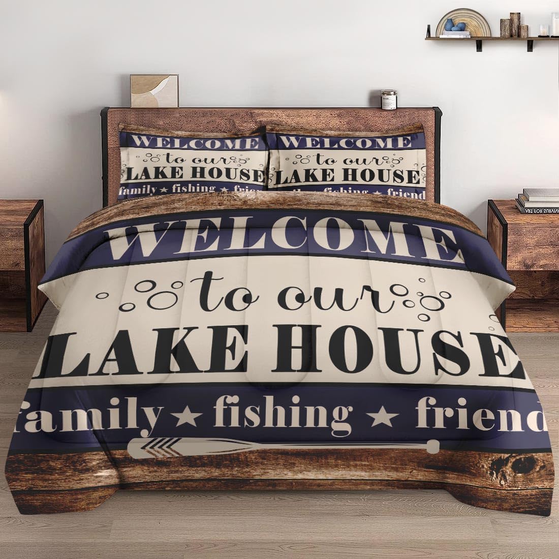 Wecozy 3 Pcs Comforter Set Queen Size With 2 Pillowcases, Welcome Lake House Bedding Set For Kids And Adults, Woodboard Family F