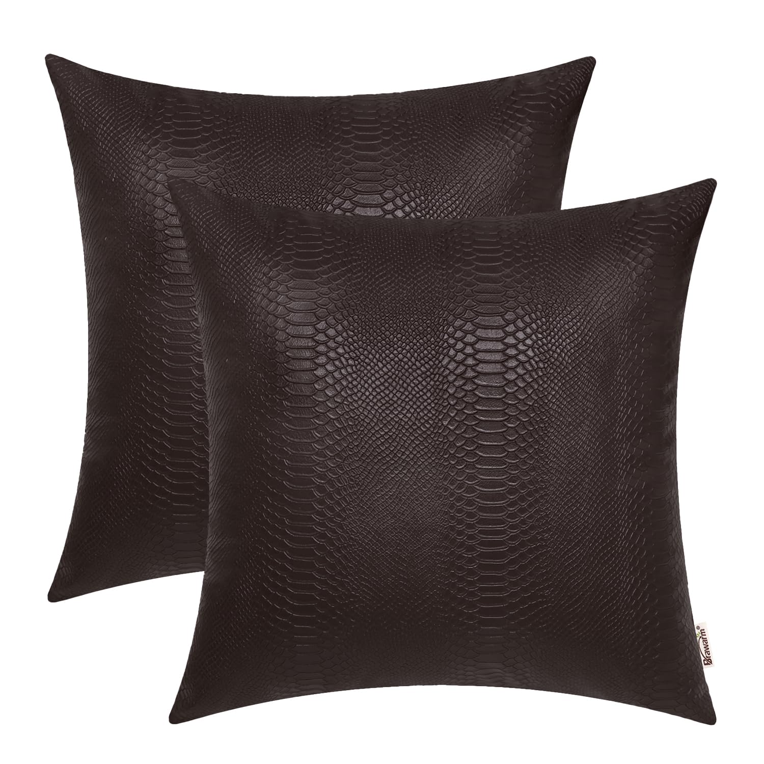 BRAWARM Brown Leather Throw Pillows 16 X 16 Inches, Snake Leather Pillow Covers Pack of 2, Faux Leather Decorative Pillow Covers
