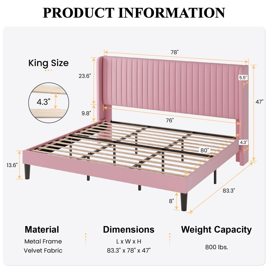 Sha Cerlin King Size Velvet Bed Frame With Vertical Channel Tufted Wingback Headboard, Upholstered Platform Bed With Wood Slats, No Box Spring Needed, Easy Assembly, Pink