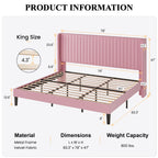 Sha Cerlin King Size Velvet Bed Frame With Vertical Channel Tufted Wingback Headboard, Upholstered Platform Bed With Wood Slats, No Box Spring Needed, Easy Assembly, Pink