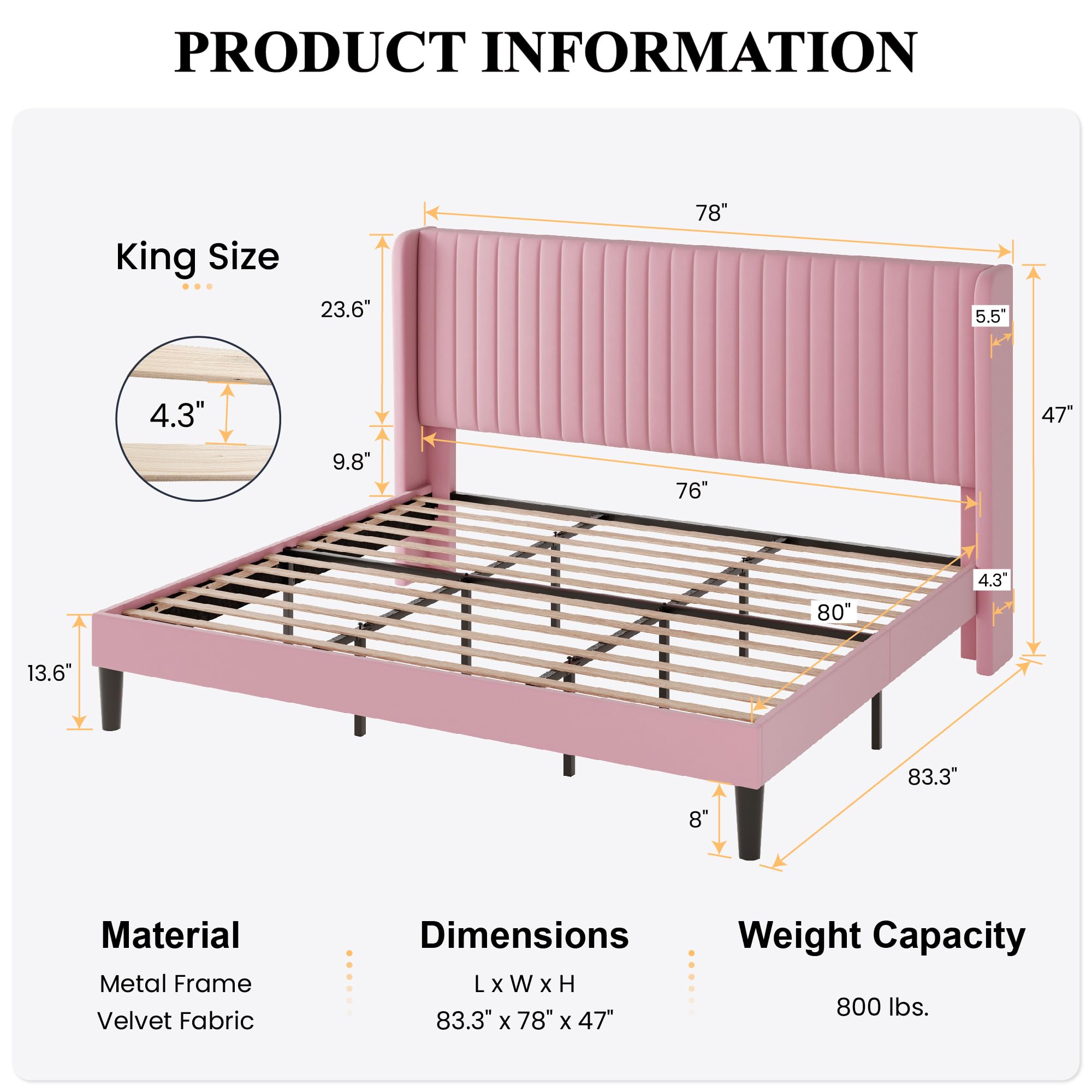 Sha Cerlin King Size Velvet Bed Frame With Vertical Channel Tufted Wingback Headboard, Upholstered Platform Bed With Wood Slats, No Box Spring Needed, Easy Assembly, Pink
